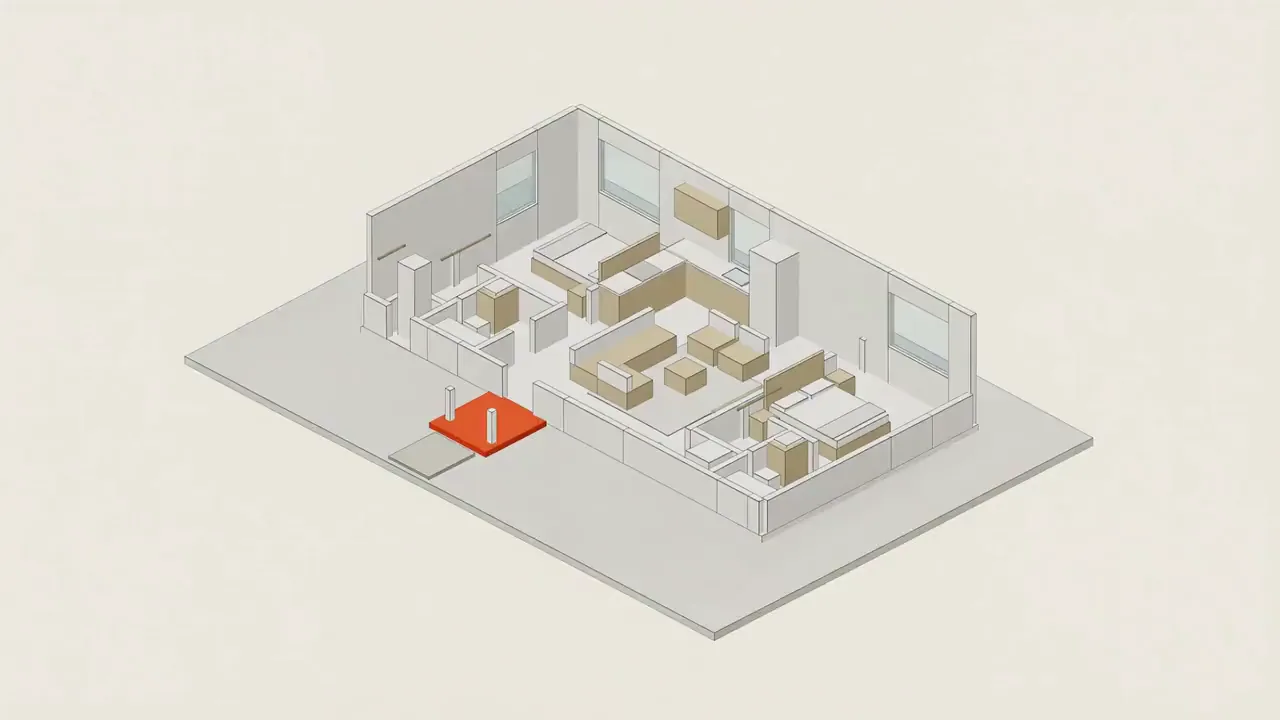 Rendering of the Bellecielo ADU plan: the 3D floor plan takes on its finishes, then the living room