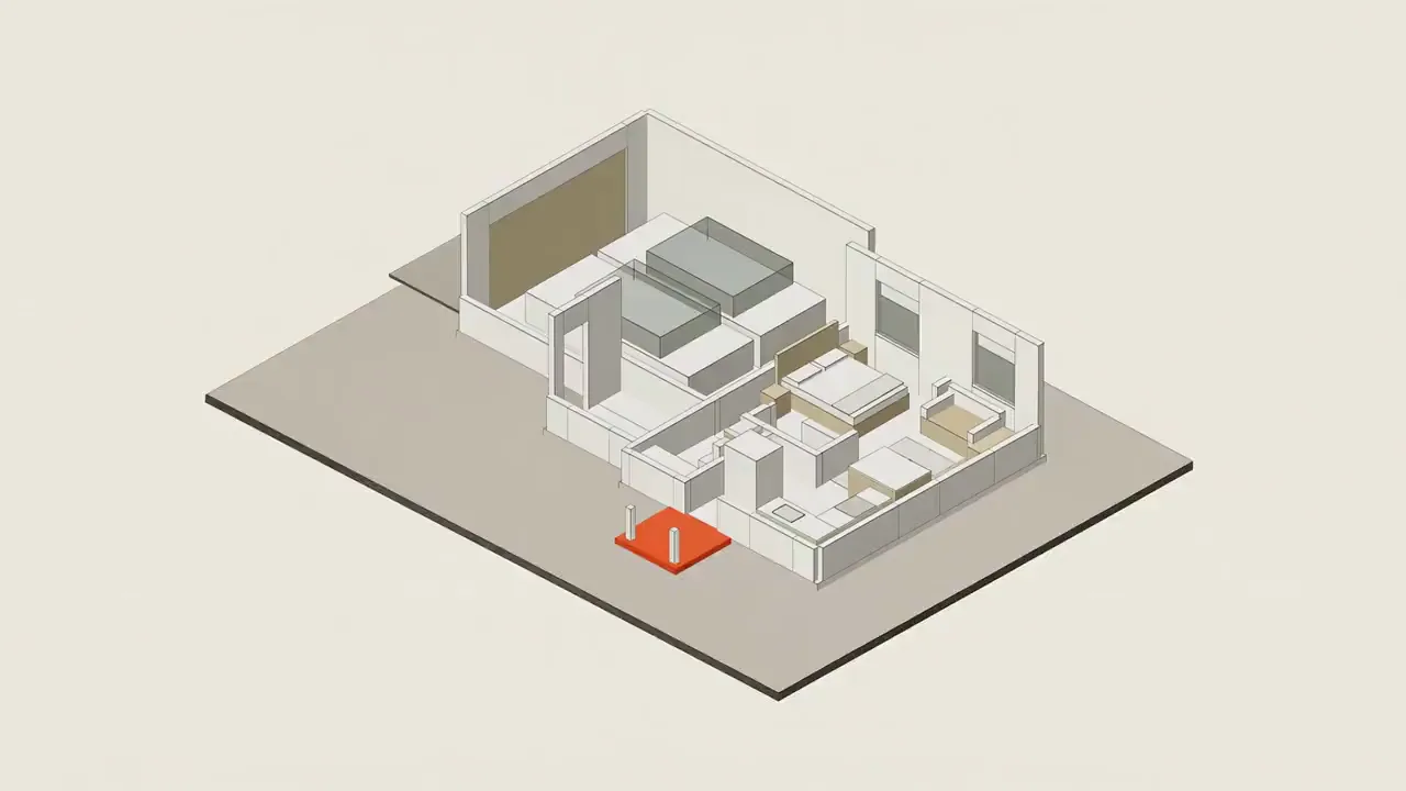 Rendering of the Casielo ADU plan: the 3D floor plan takes on its finishes, then the living room