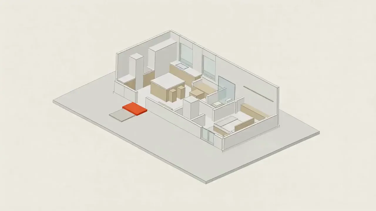 Rendering of the Elega ADU plan: the 3D floor plan takes on its finishes, then the living room