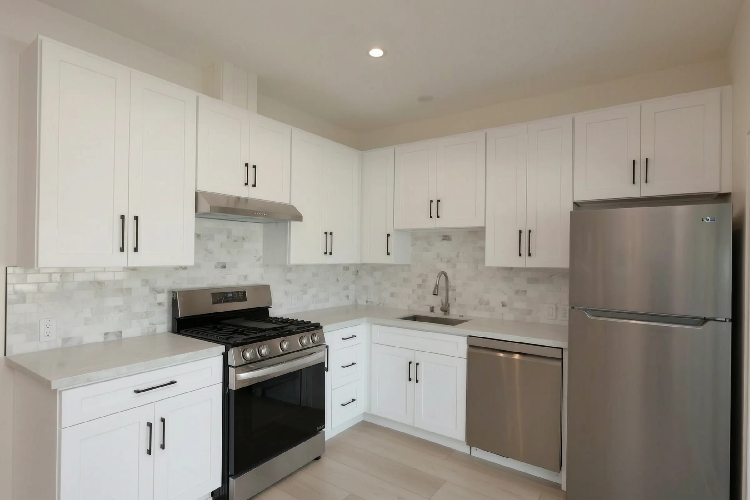 The finished kitchen of a garage-conversion ADU in Brea, built by Avorino.