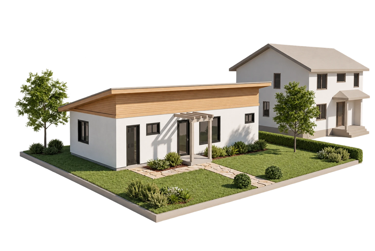 AI architectural study of a landscaped ADU beside a primary home