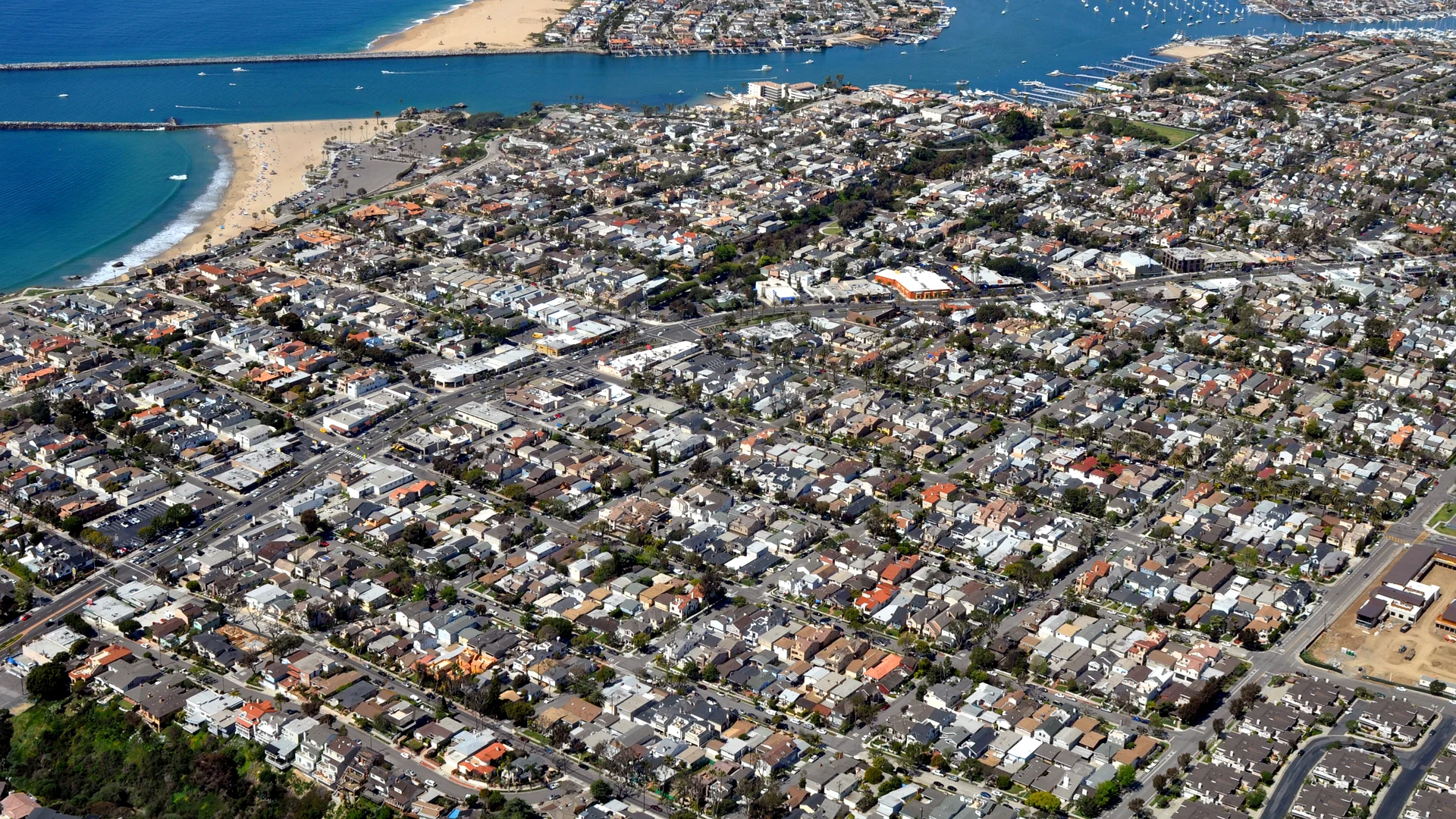Corona del Mar from the air, with the Newport Harbor entrance — Corona del Mar, Orange County