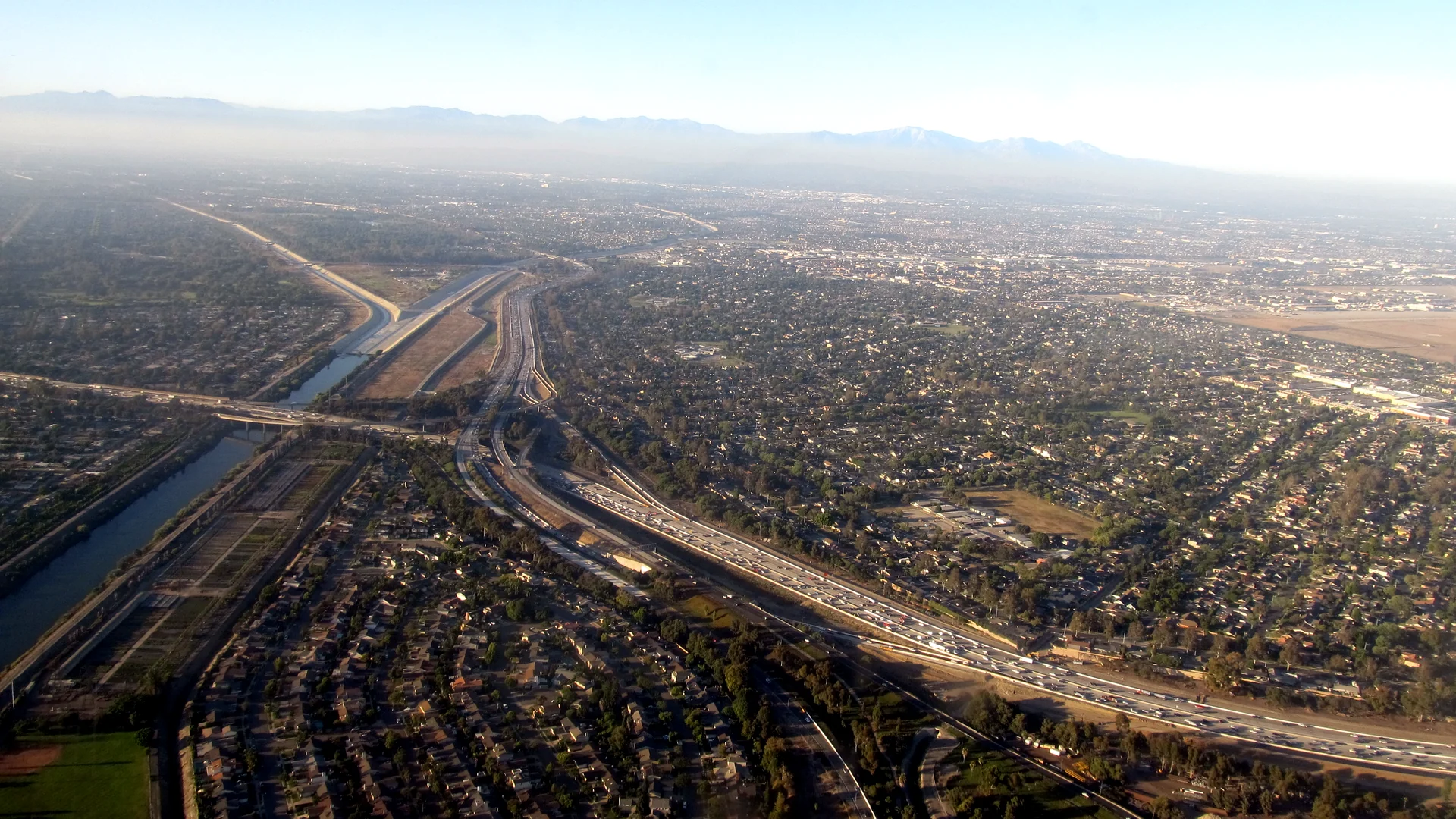 Rossmoor from the air, along the flood-control channel — Rossmoor, Orange County
