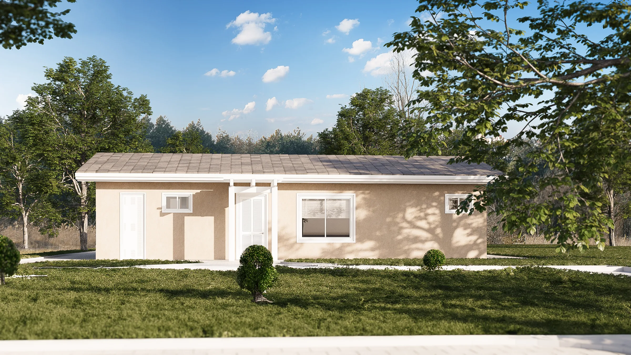 Rendering of the Bellecielo ADU plan from the garden: a single-story home with a covered entry