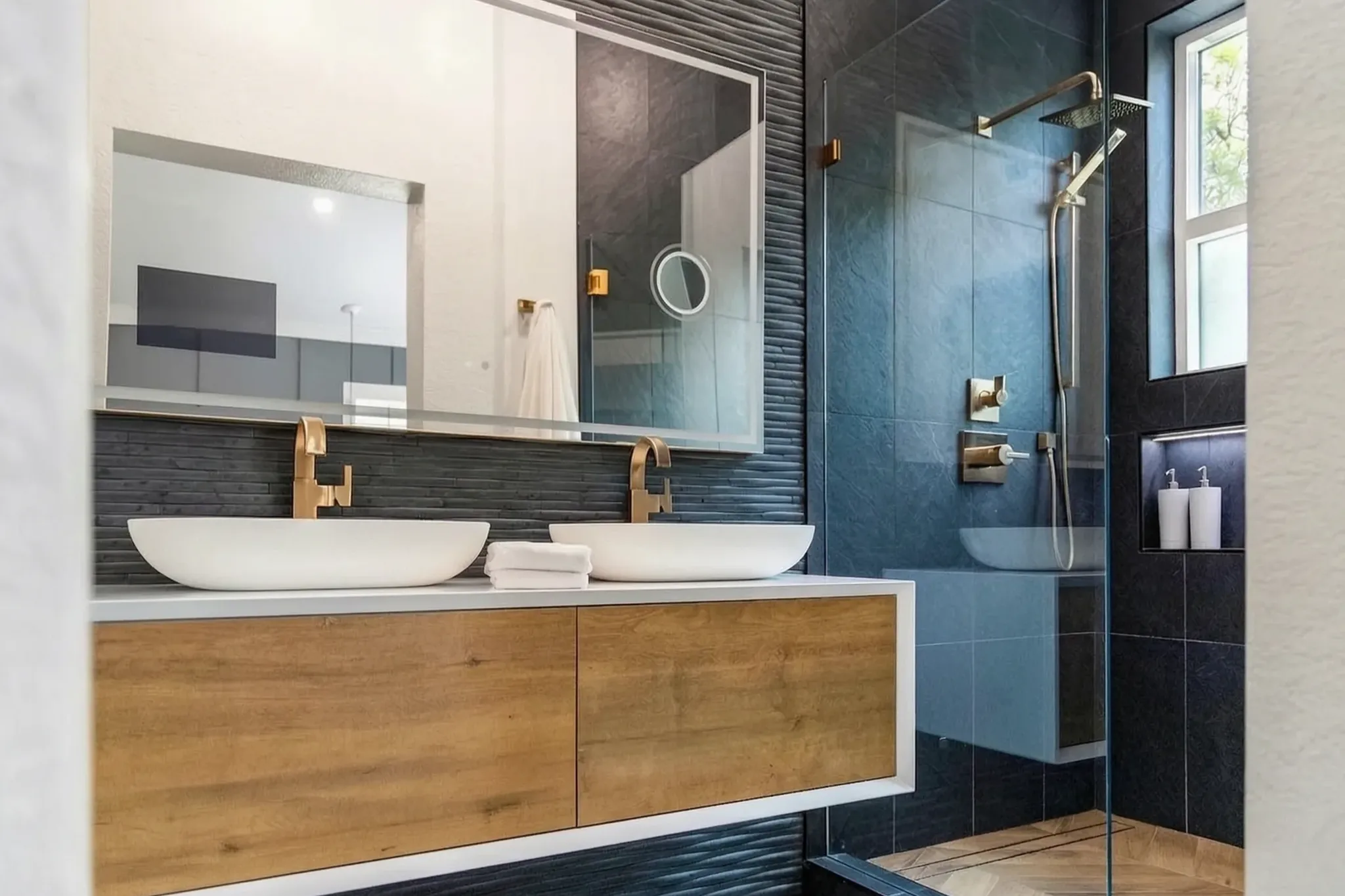 Whole-home remodel — floating oak vanity, twin vessel basins and walk-in shower, Orange, Avorino