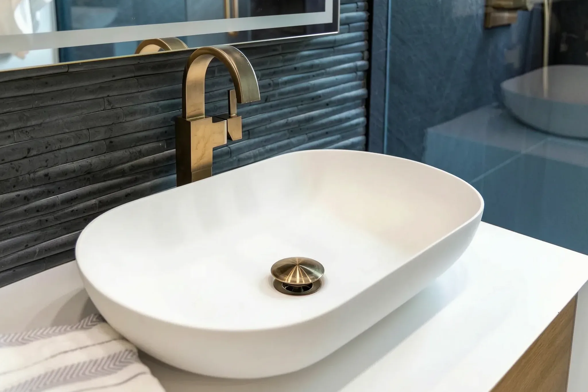 Whole-home remodel — bath, vessel sink with brass faucet, Orange, Avorino