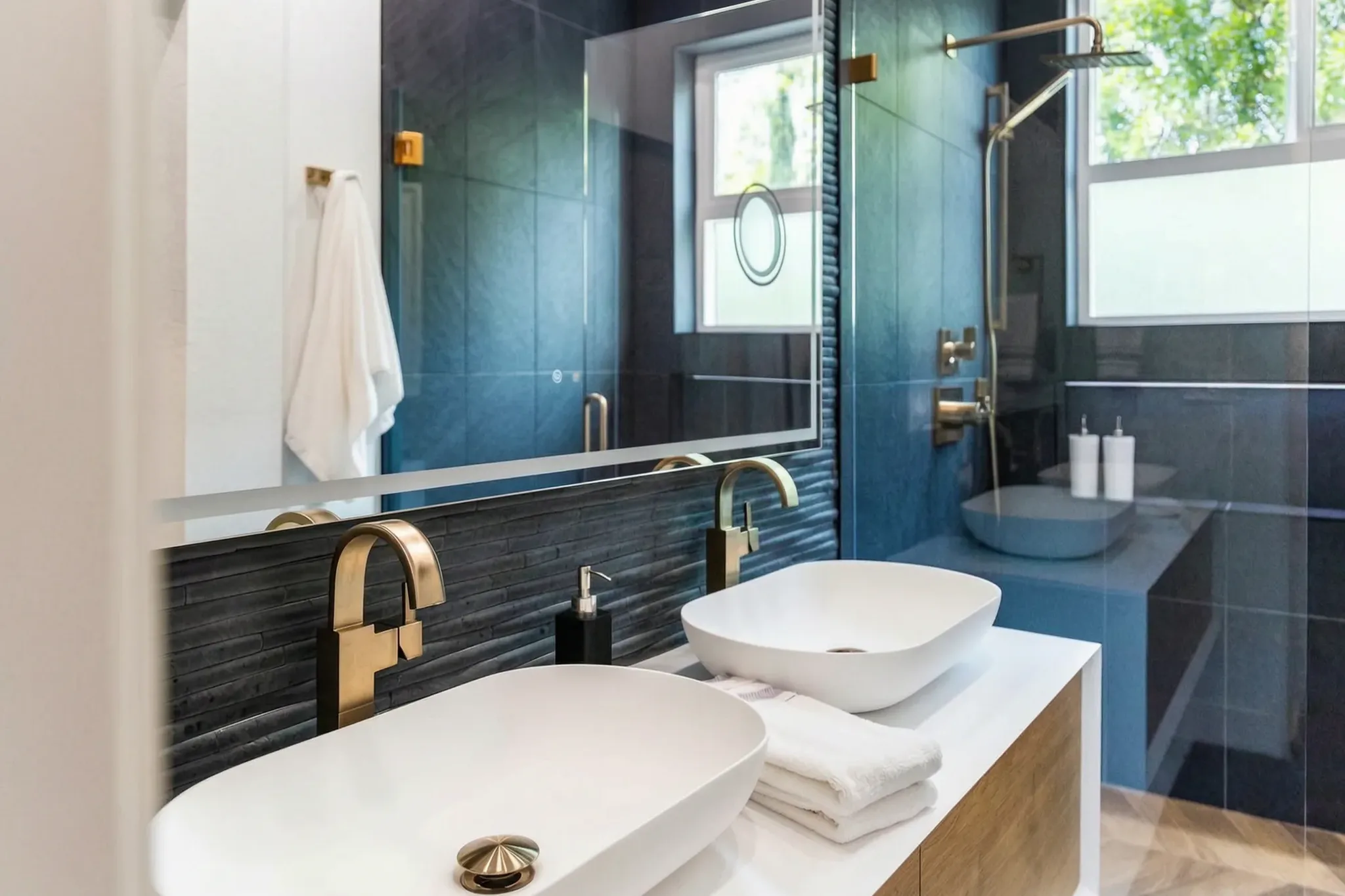 Whole-home remodel — double vanity and glass shower, Orange, Avorino