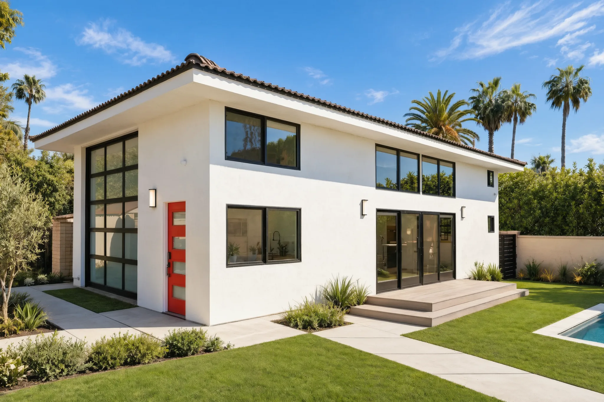 Two-story detached ADU in Santa Ana Hills: the full exterior with the red entry door and pool, built by Avorino