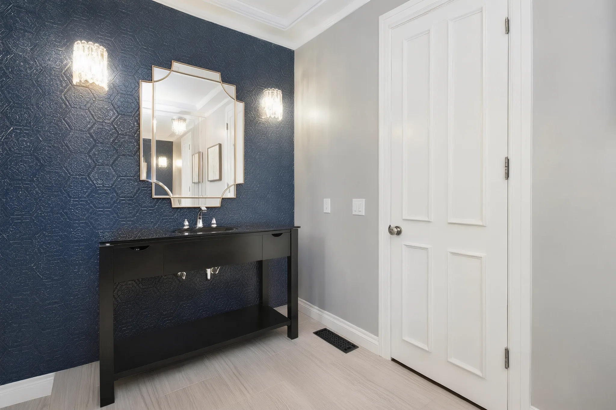 Primary bath remodel — navy accent wall + double vanity, Avorino