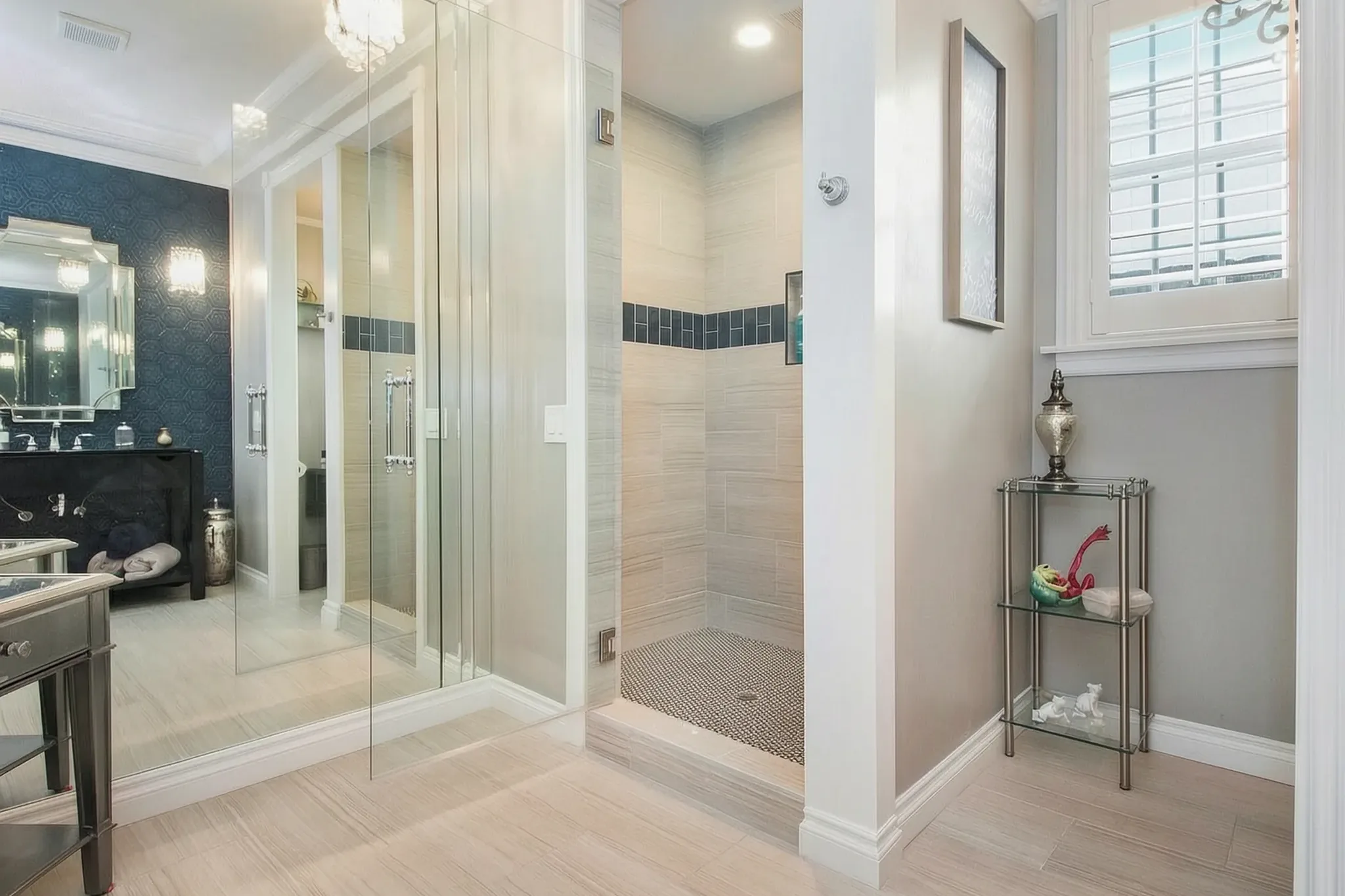 Primary bath remodel — mirrored dressing corridor, Avorino