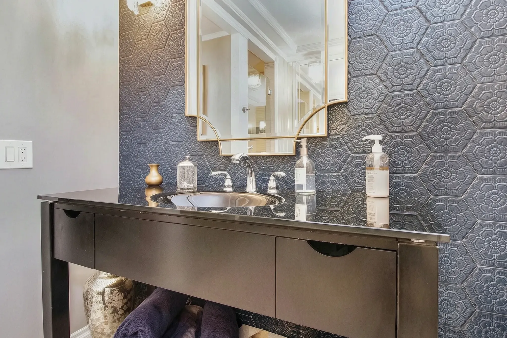 Primary bath remodel — vanity detail with navy hexagon accent tile, Mission Viejo, Avorino