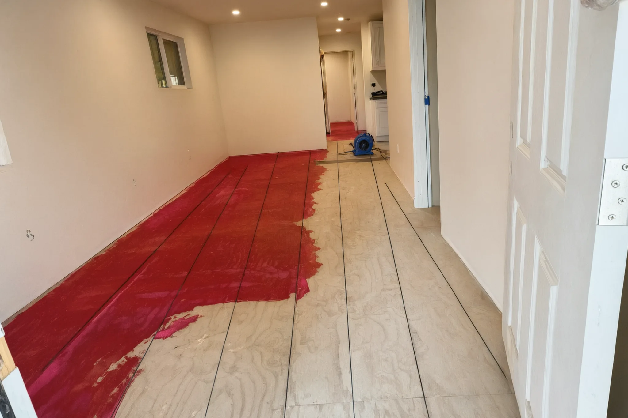 Waterproofing going down on the subfloor, the walls painted and the doors hung. New construction in Santa Ana, built by Avorino.