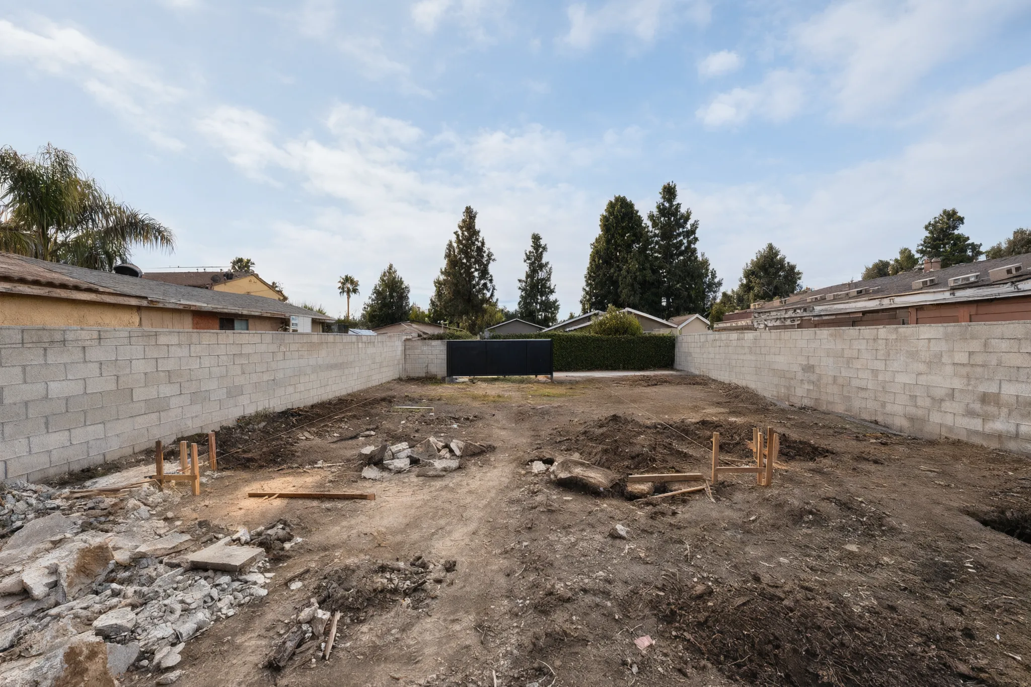 The walled lot, cleared. New construction in Santa Ana, built by Avorino.
