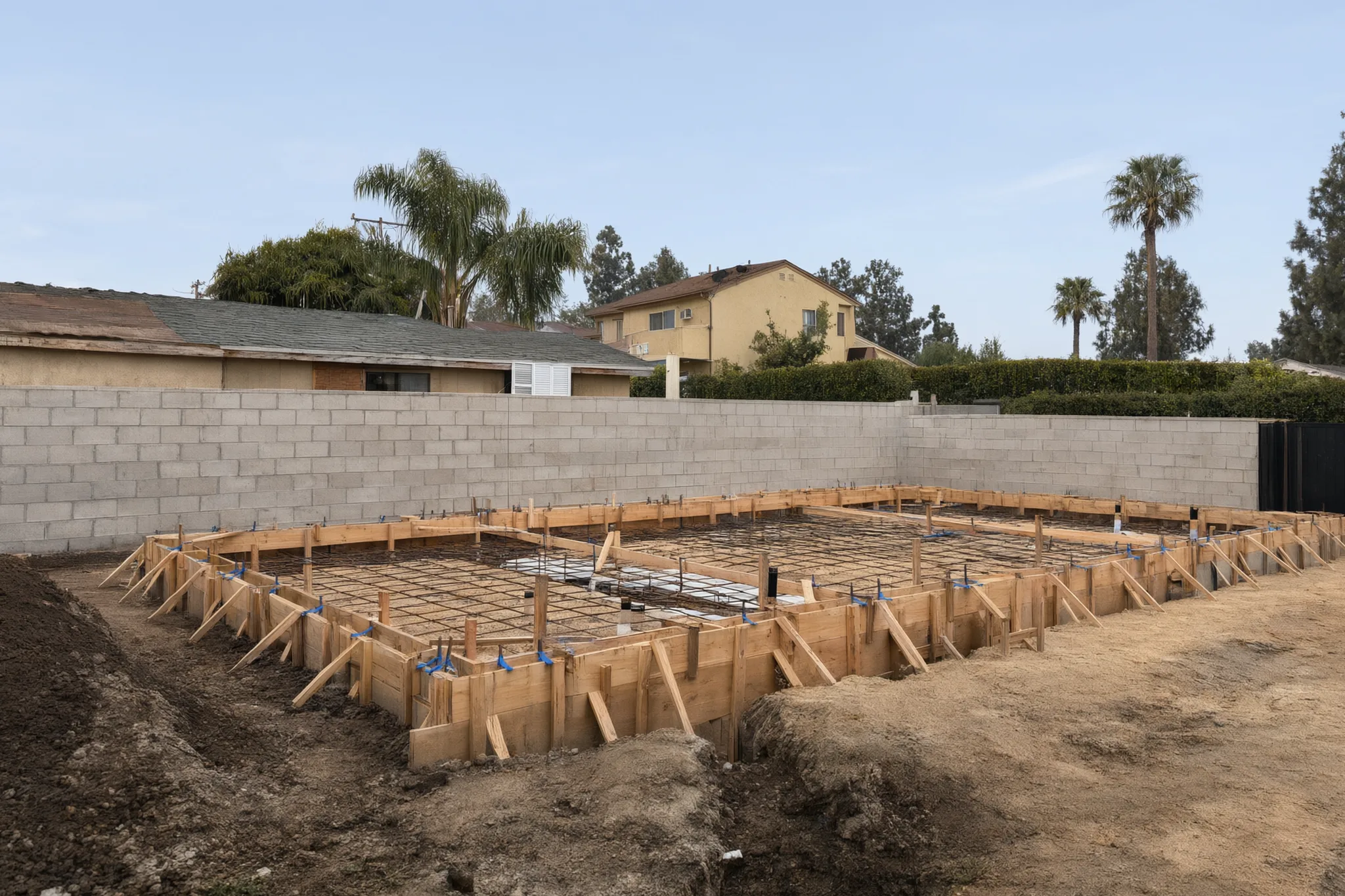 Footing forms and rebar set for the pour. New construction in Santa Ana, built by Avorino.