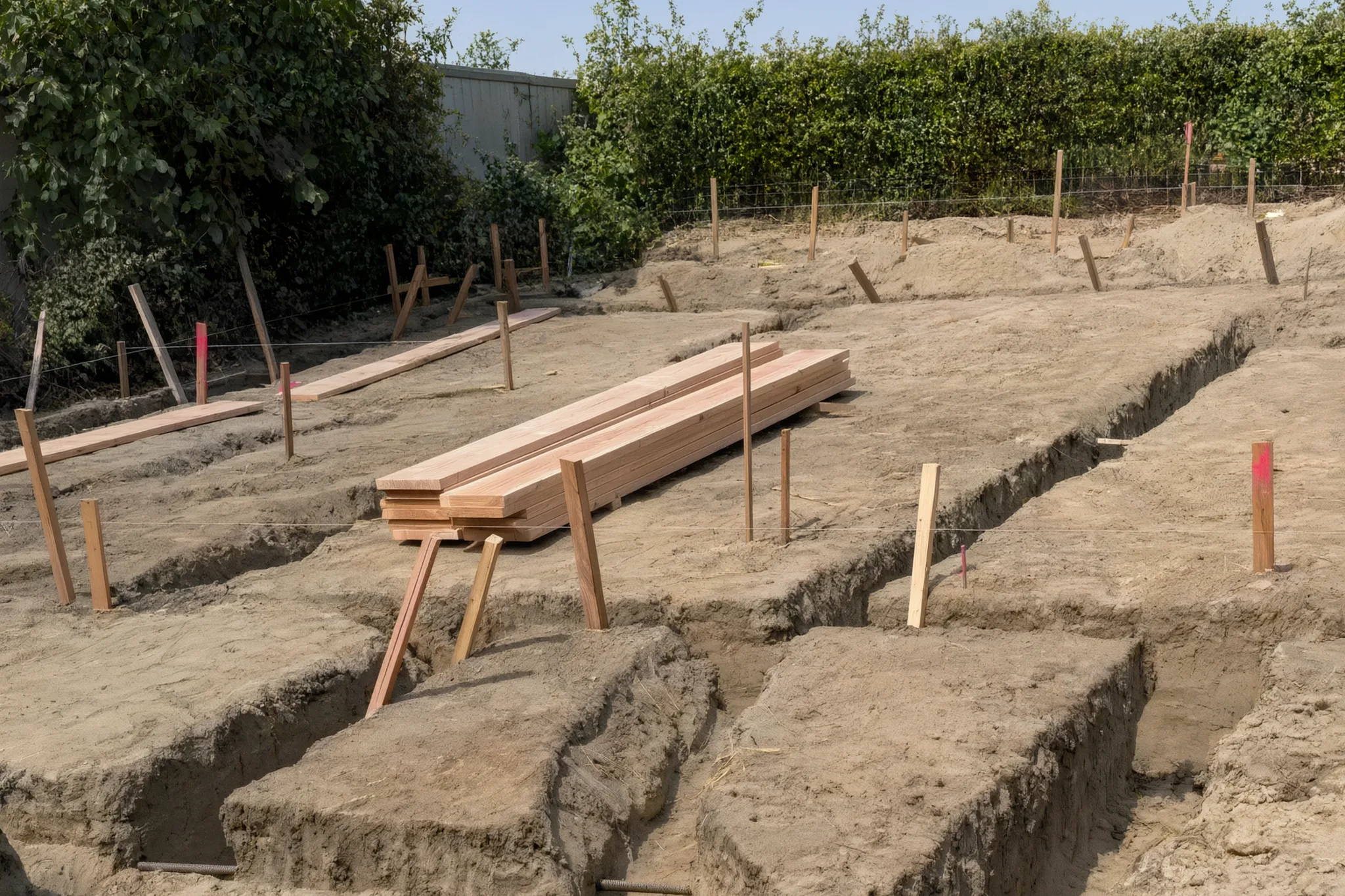 Pool house under construction — foundation forms and trenching, San Juan Capistrano, Avorino