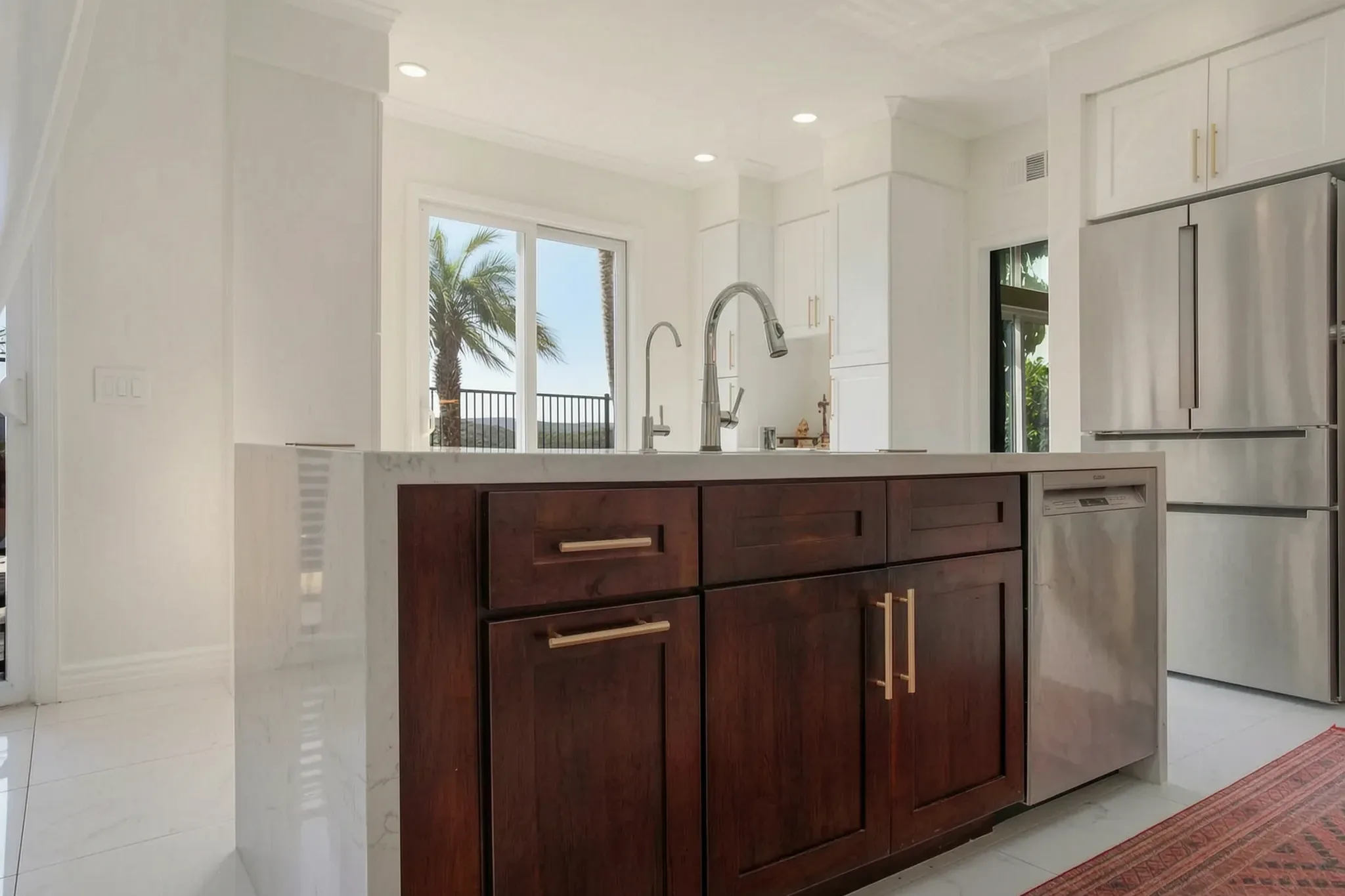 Custom home — cherry-cabinet island with stainless fridge, Aliso Viejo, Avorino
