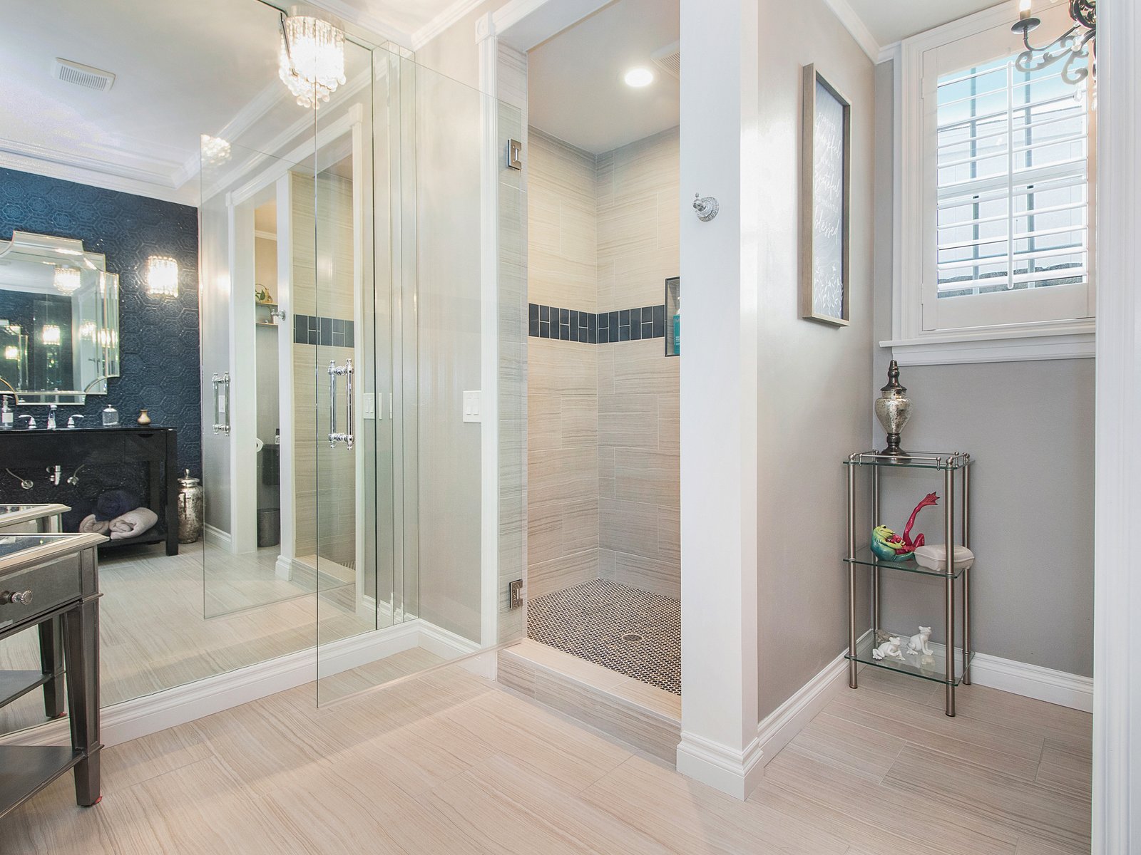 Primary bath remodel — mirrored dressing corridor, Avorino