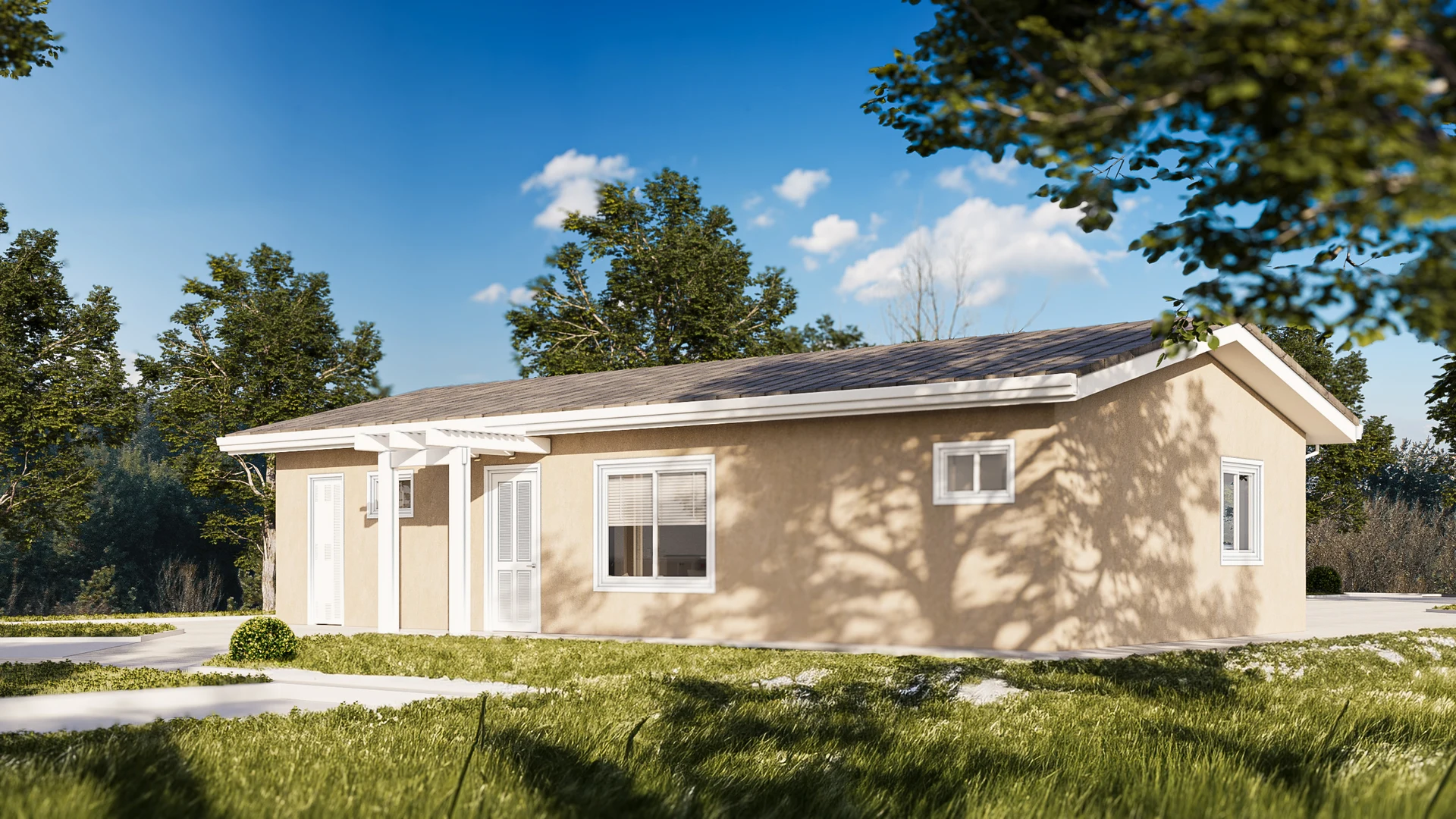 Bellecielo exterior design visualization, with a sheltered entry and landscaped garden