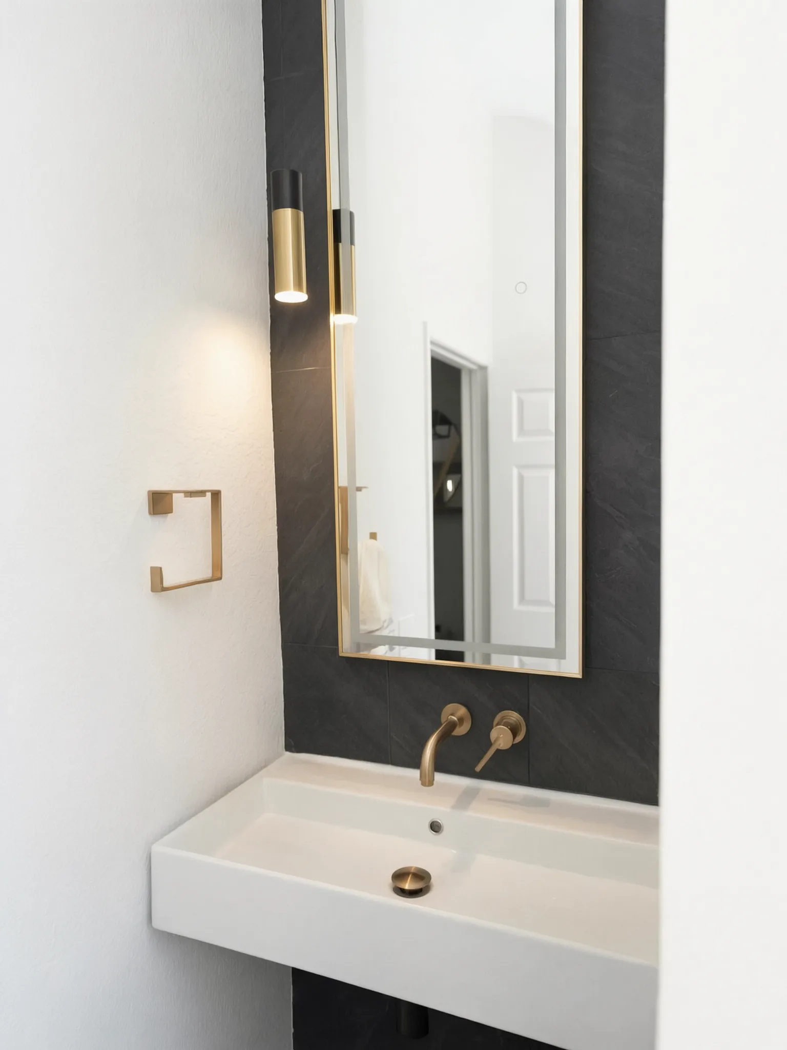 Whole-home remodel — bath vanity with wall-mount brass faucet, Orange, Avorino