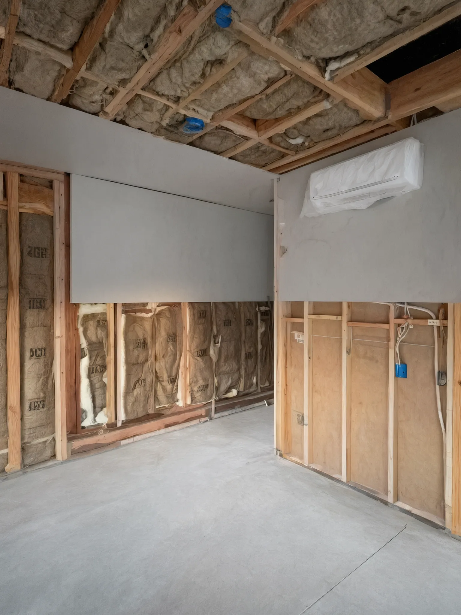 Garage conversion ADU under construction — insulation in and the first drywall sheets up, Brea, Avorino