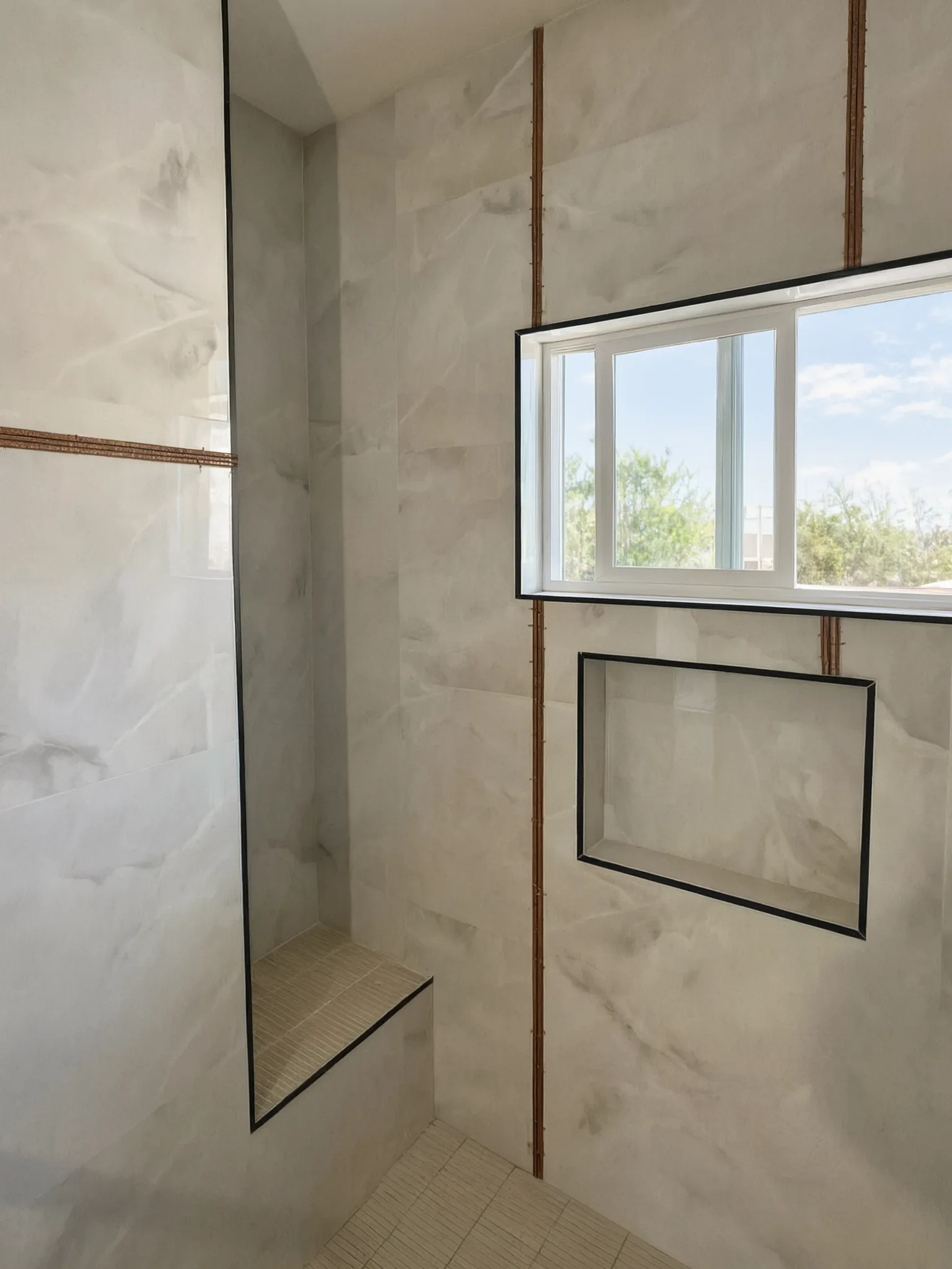 Garage conversion ADU under construction — shower tile set before grout, black-trim niche, Brea, Avorino