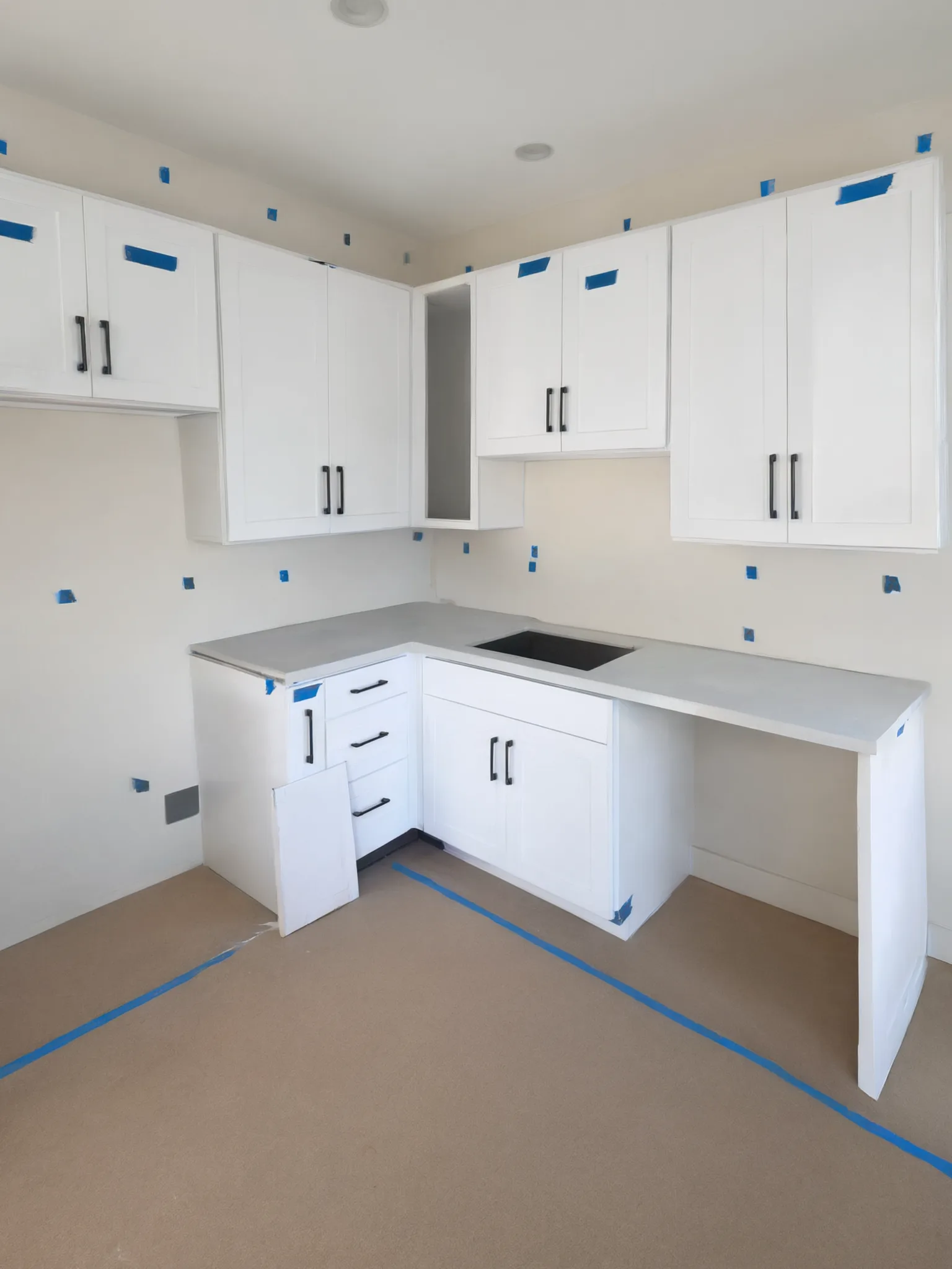 Garage conversion ADU under construction — white shaker cabinets installed, protection tape still on, Brea, Avorino