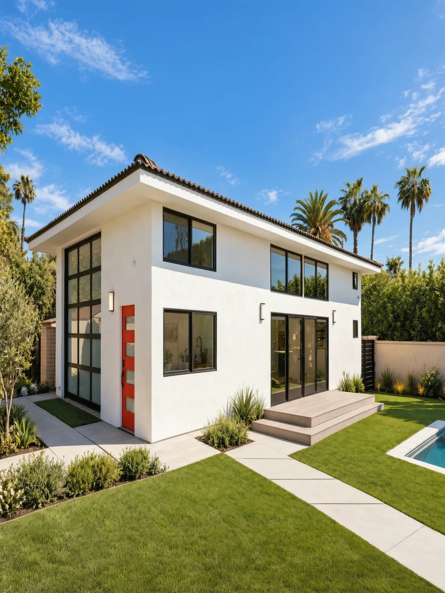 Two-story detached ADU, Santa Ana Hills — full exterior with the red entry door and pool, Avorino