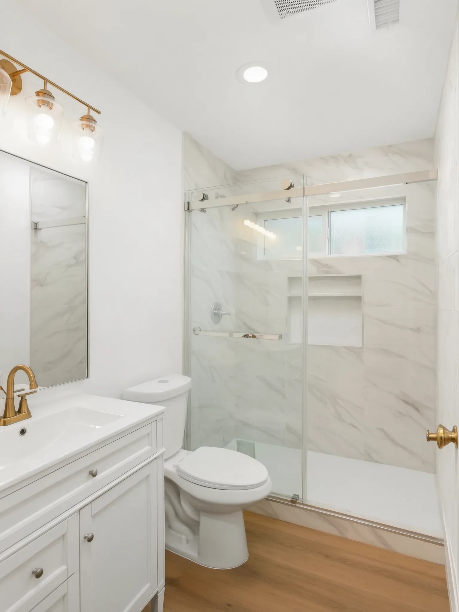 Detached ADU — bath with marble-look shower and gold fixtures, Buena Park, Avorino