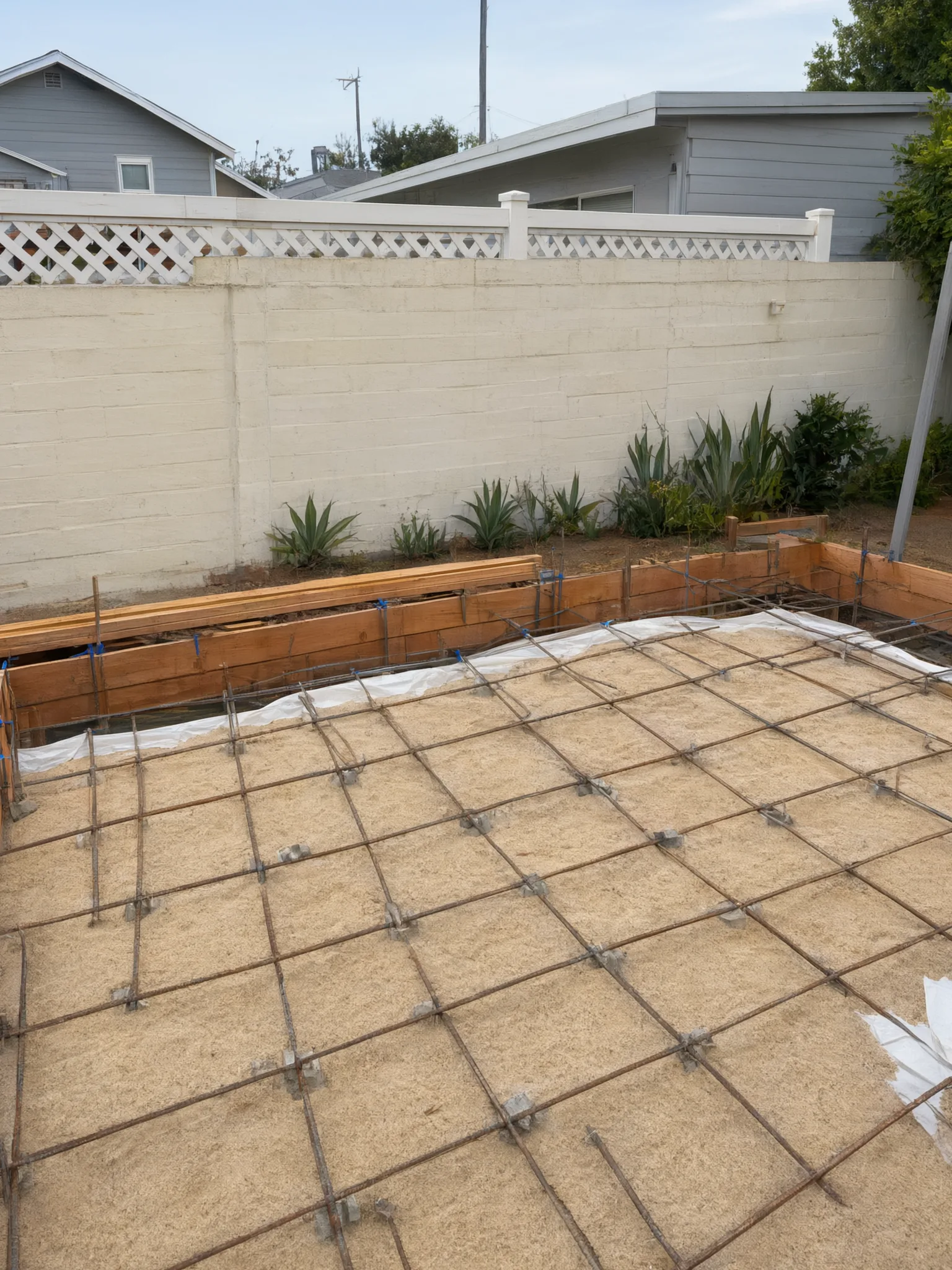 Attached ADU under construction — slab rebar over the sand pad inside the forms, Orange, Avorino
