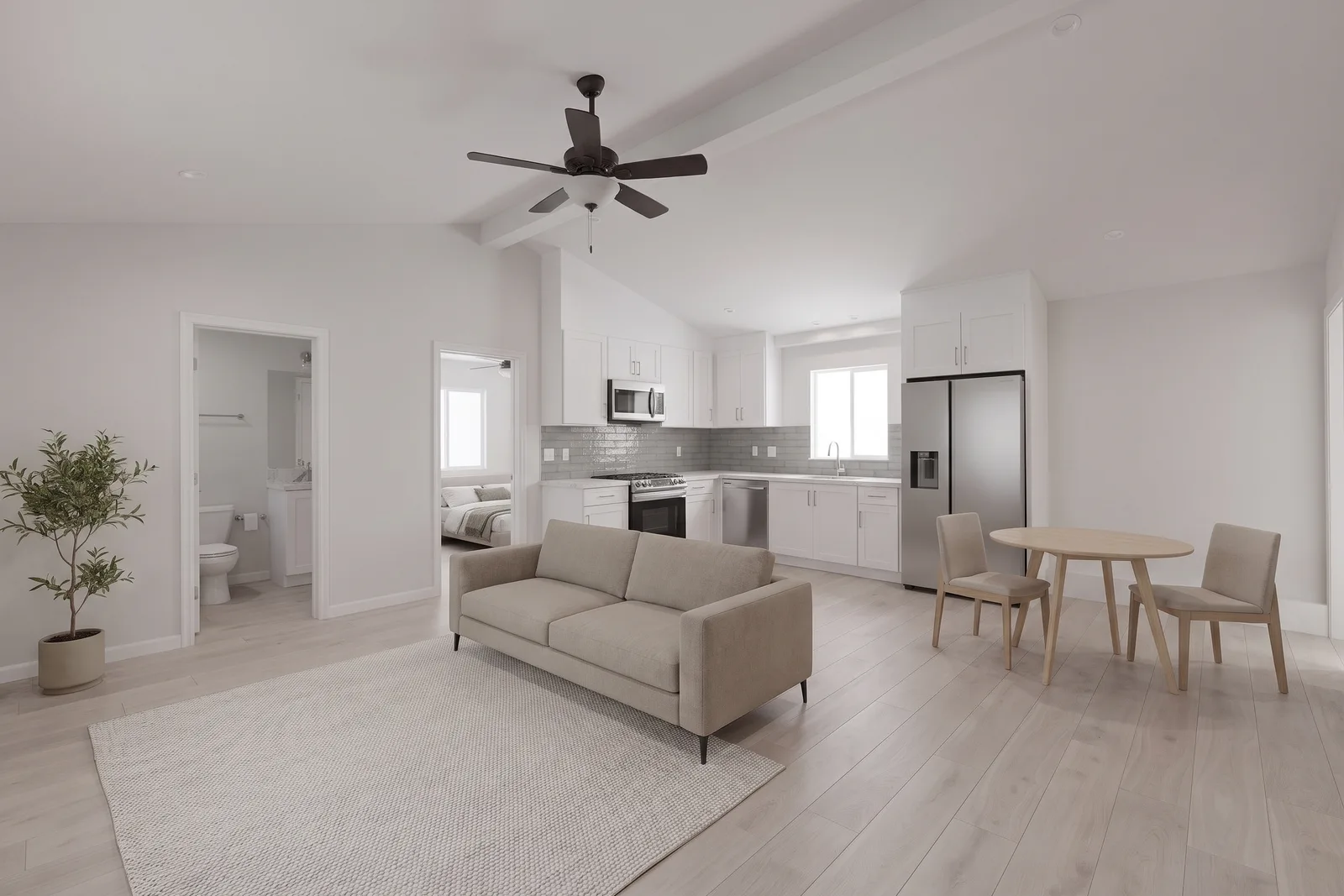 Living & kitchen as rendered by Avorino before construction — Detached ADU, Santa Ana