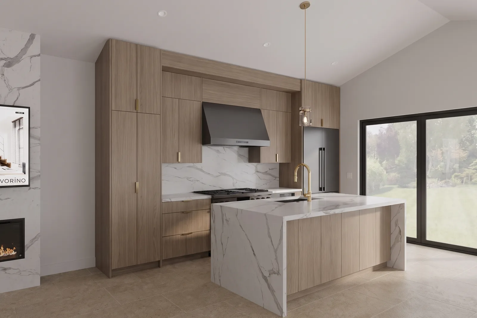 Kitchen & living as rendered by Avorino before construction — Custom Home, San Juan Capistrano