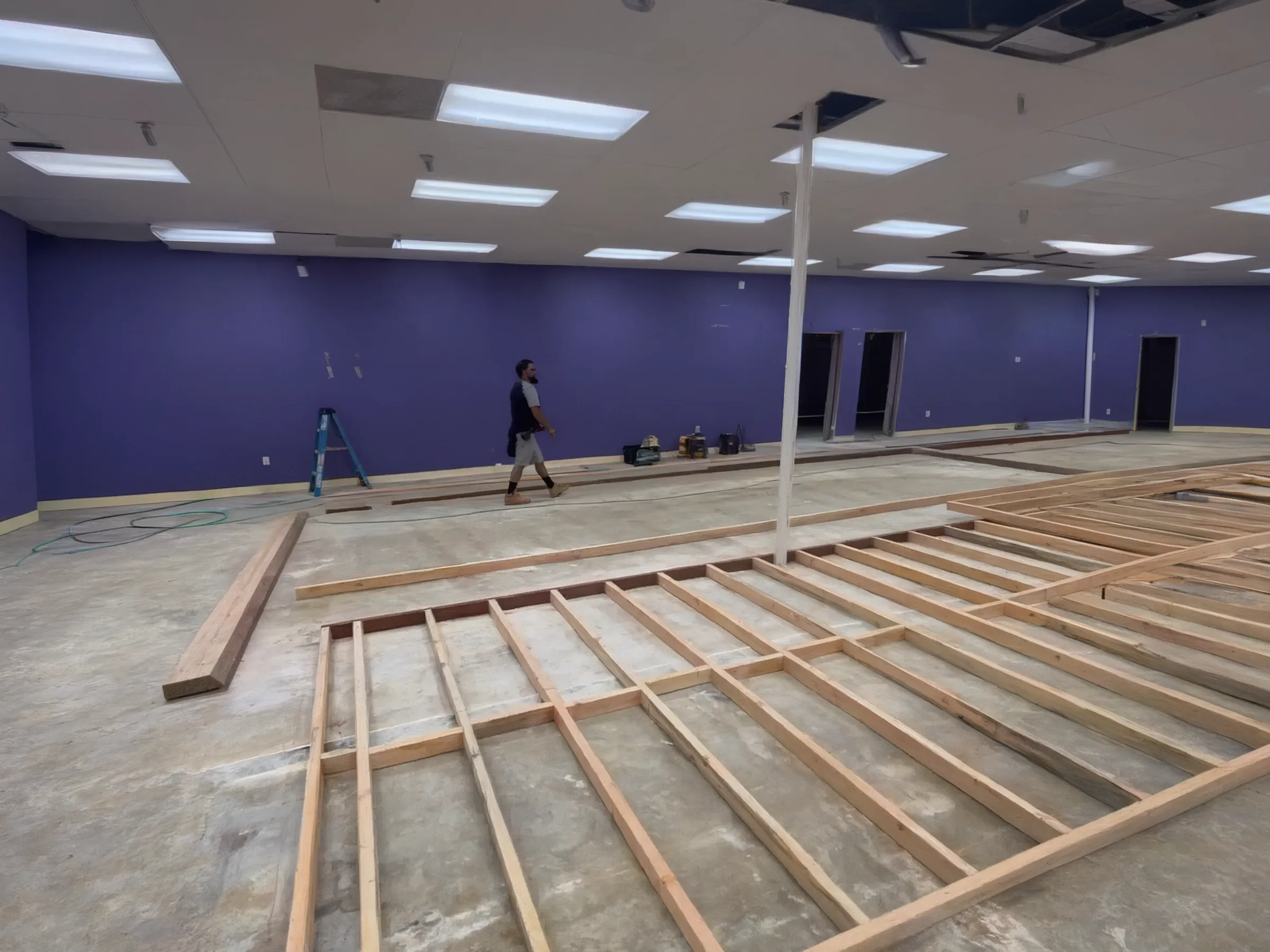 New wall frames built flat on the slab before they are raised. N10 Dance Studio, Tustin, built by Avorino.