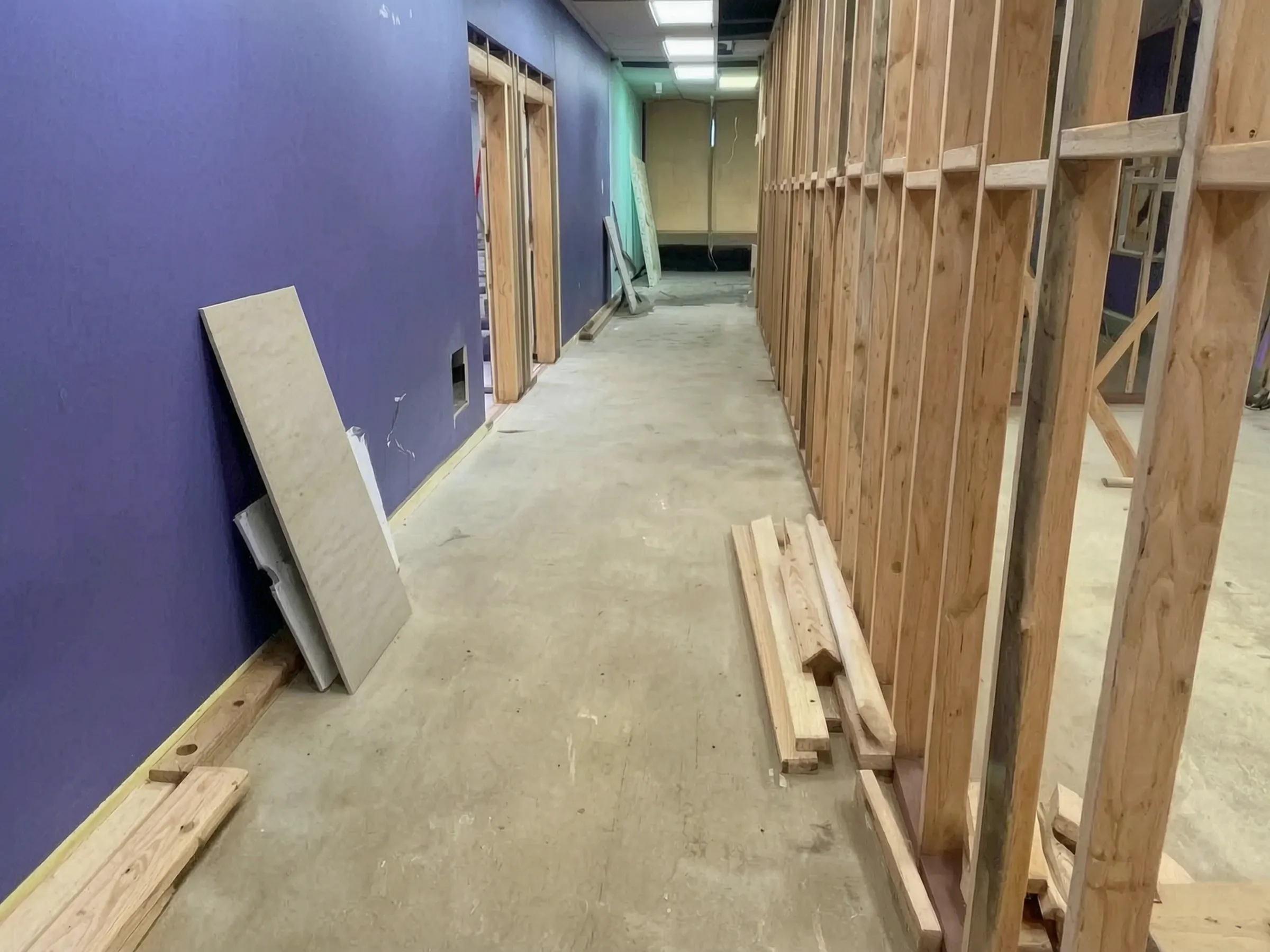 The new studio and corridor walls framed and standing. N10 Dance Studio, Tustin, built by Avorino.
