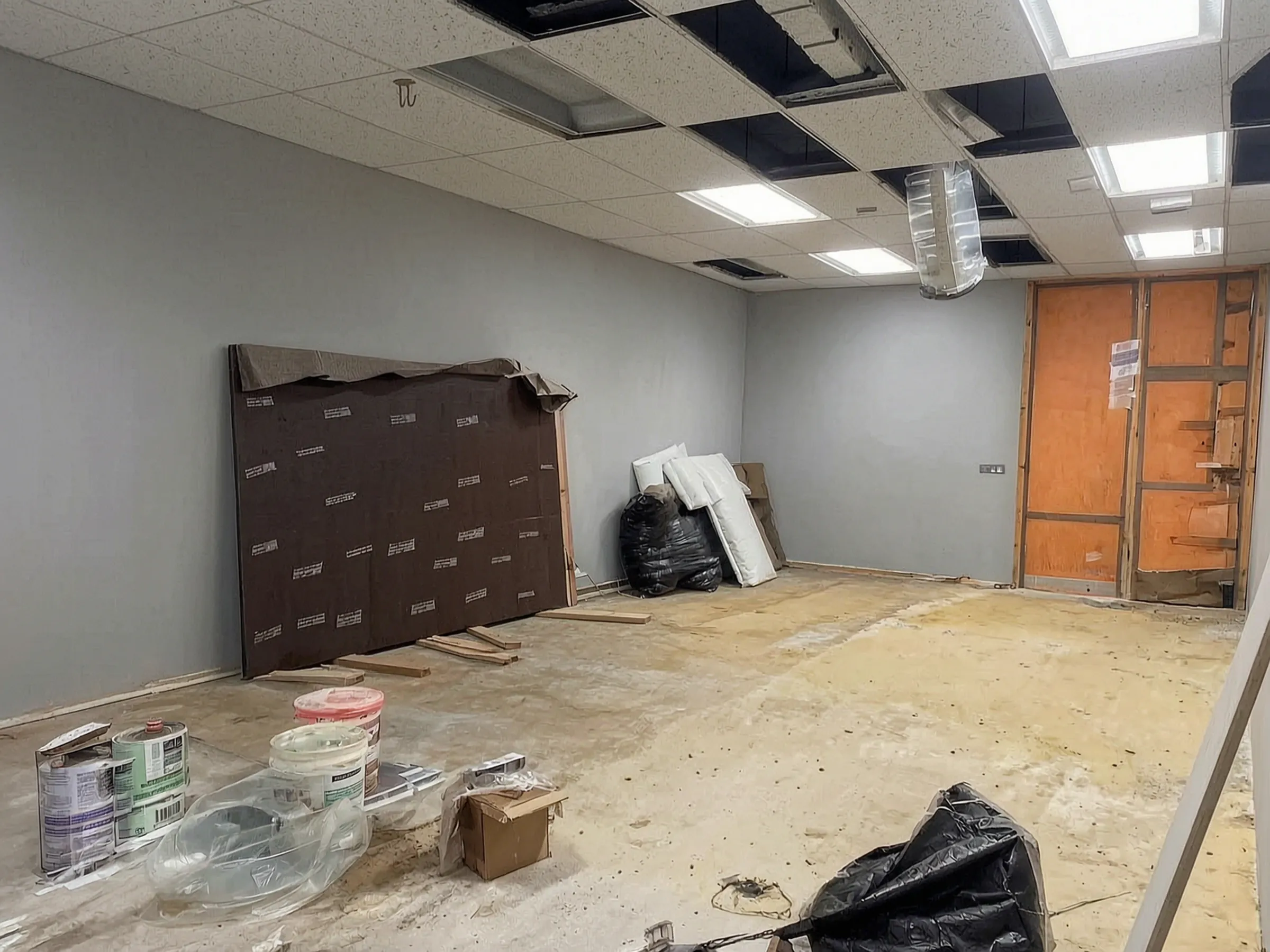 Rooms enclosed and painted while the ceiling is still open. N10 Dance Studio, Tustin, built by Avorino.
