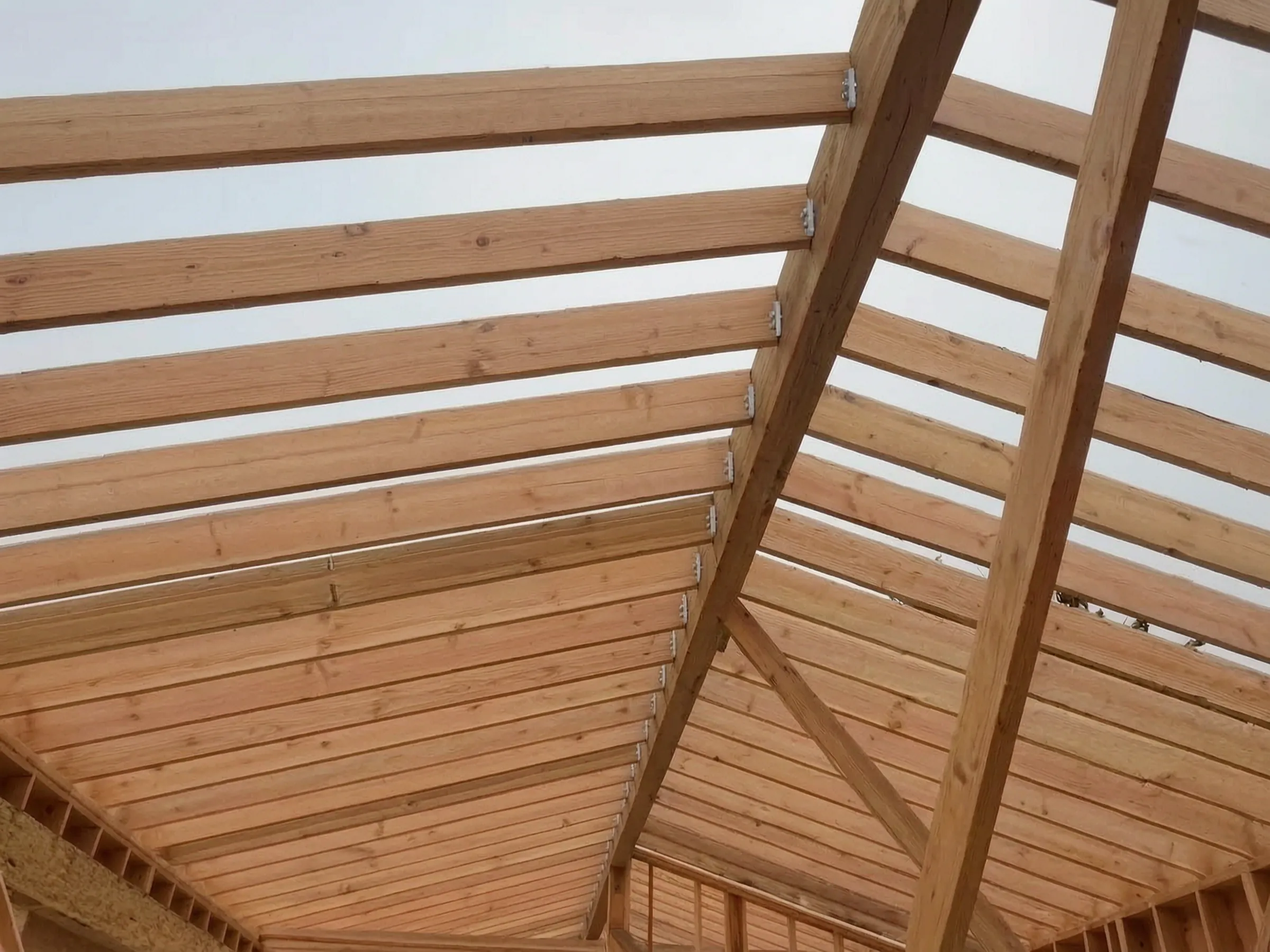 Rafters and ridge set over the main room. Pool house, San Juan Capistrano, built by Avorino.
