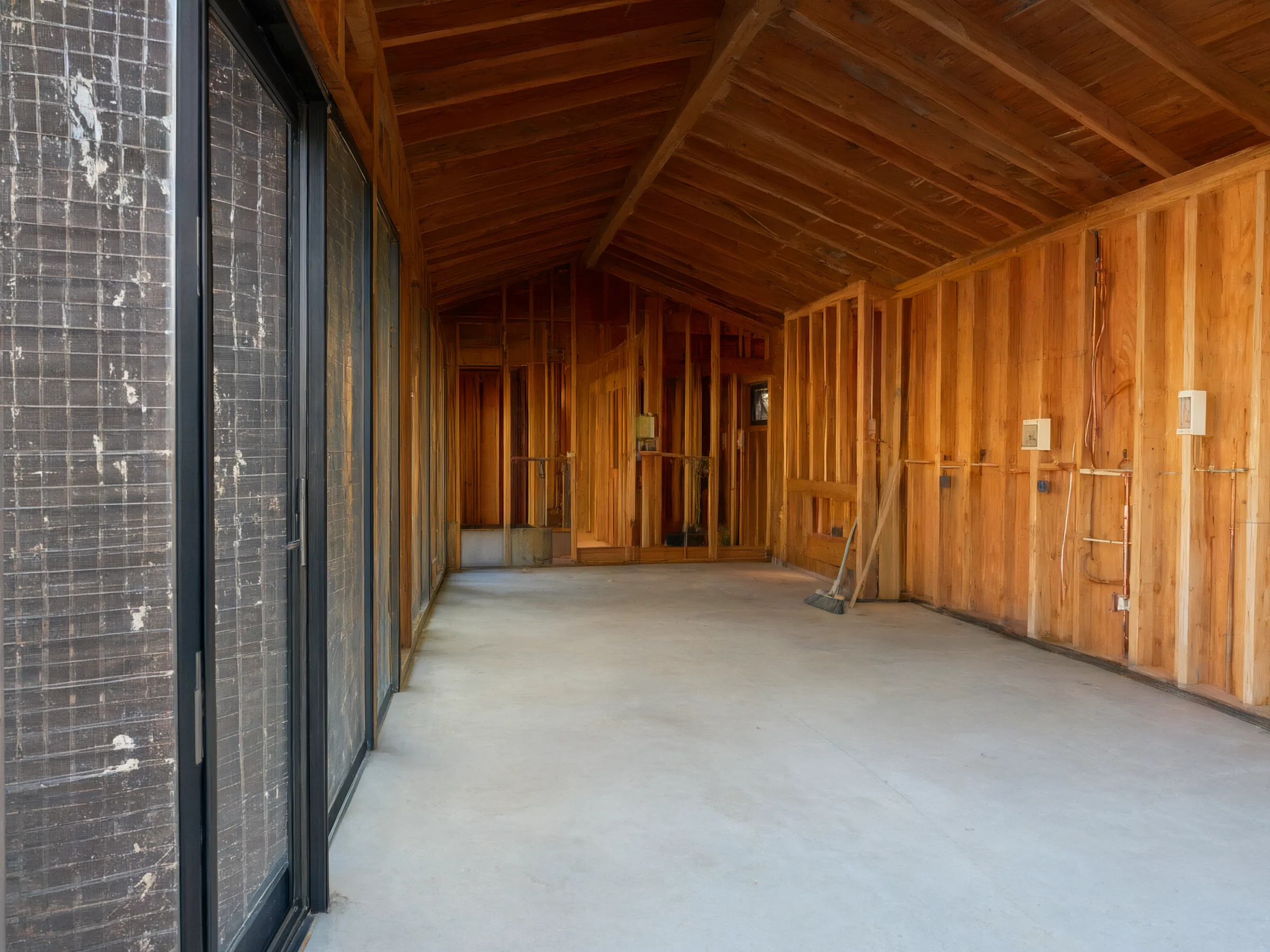 Wiring and plumbing run through the open stud walls. Pool house, San Juan Capistrano, built by Avorino.