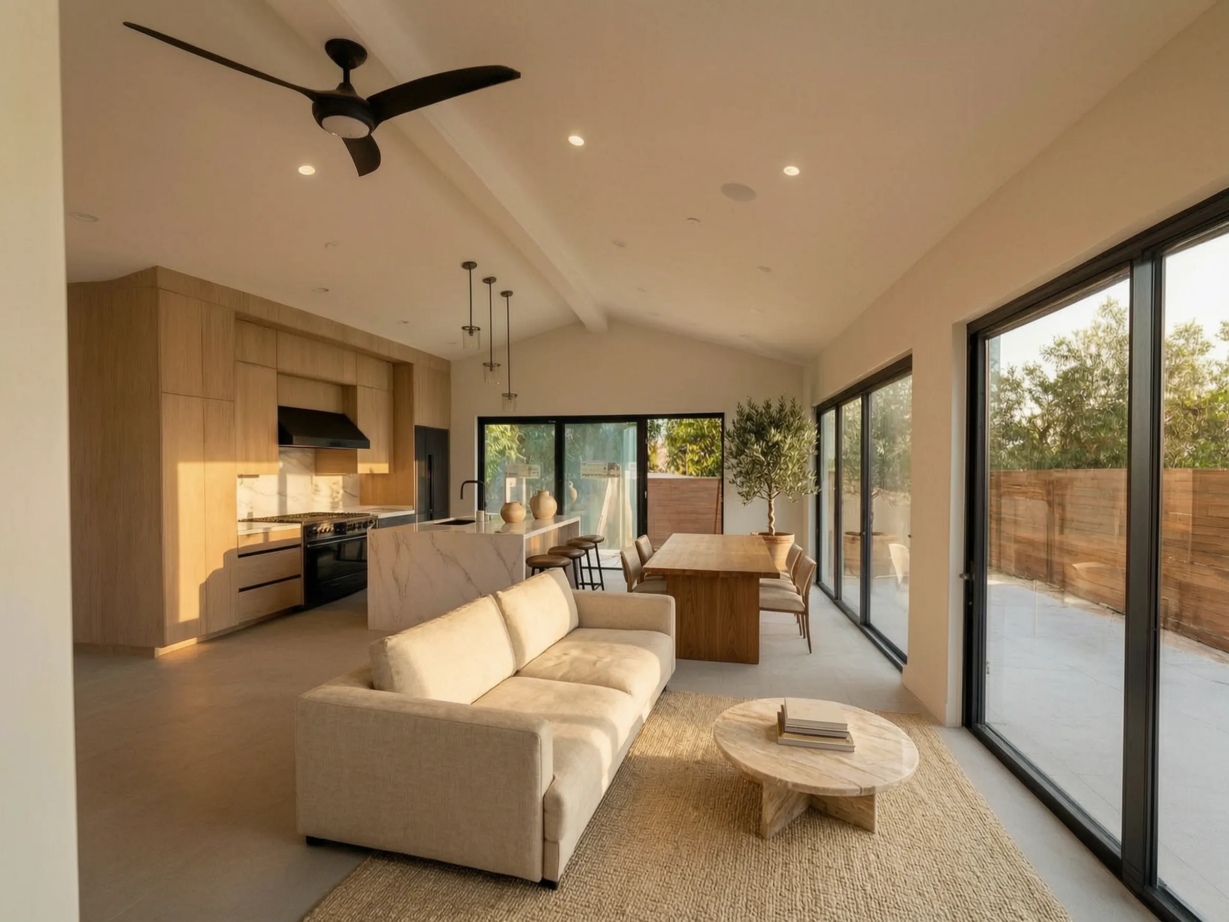The finished great room of an Avorino pool house in San Juan Capistrano, furnished for the photograph