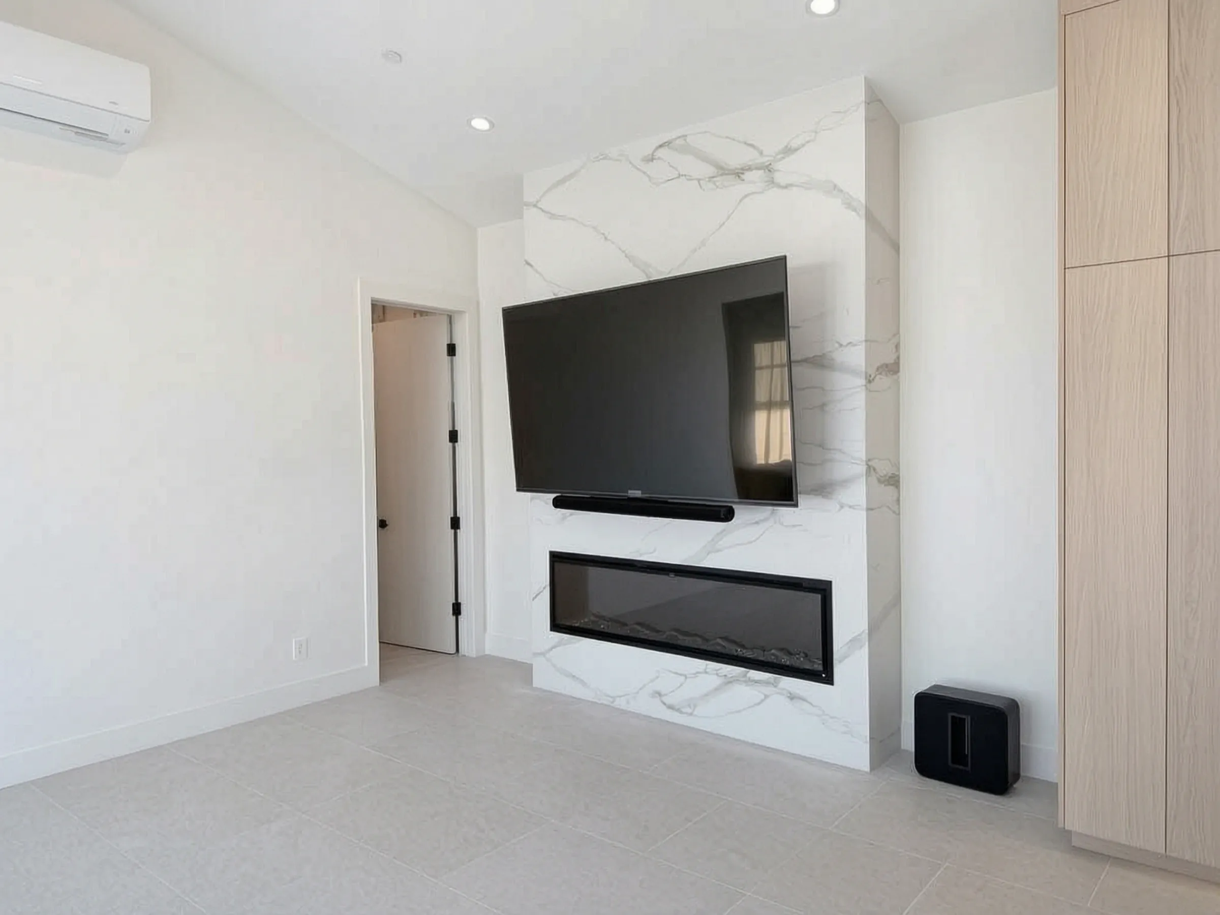 Custom pool house — living room with the media wall and linear fireplace, San Juan Capistrano, Avorino