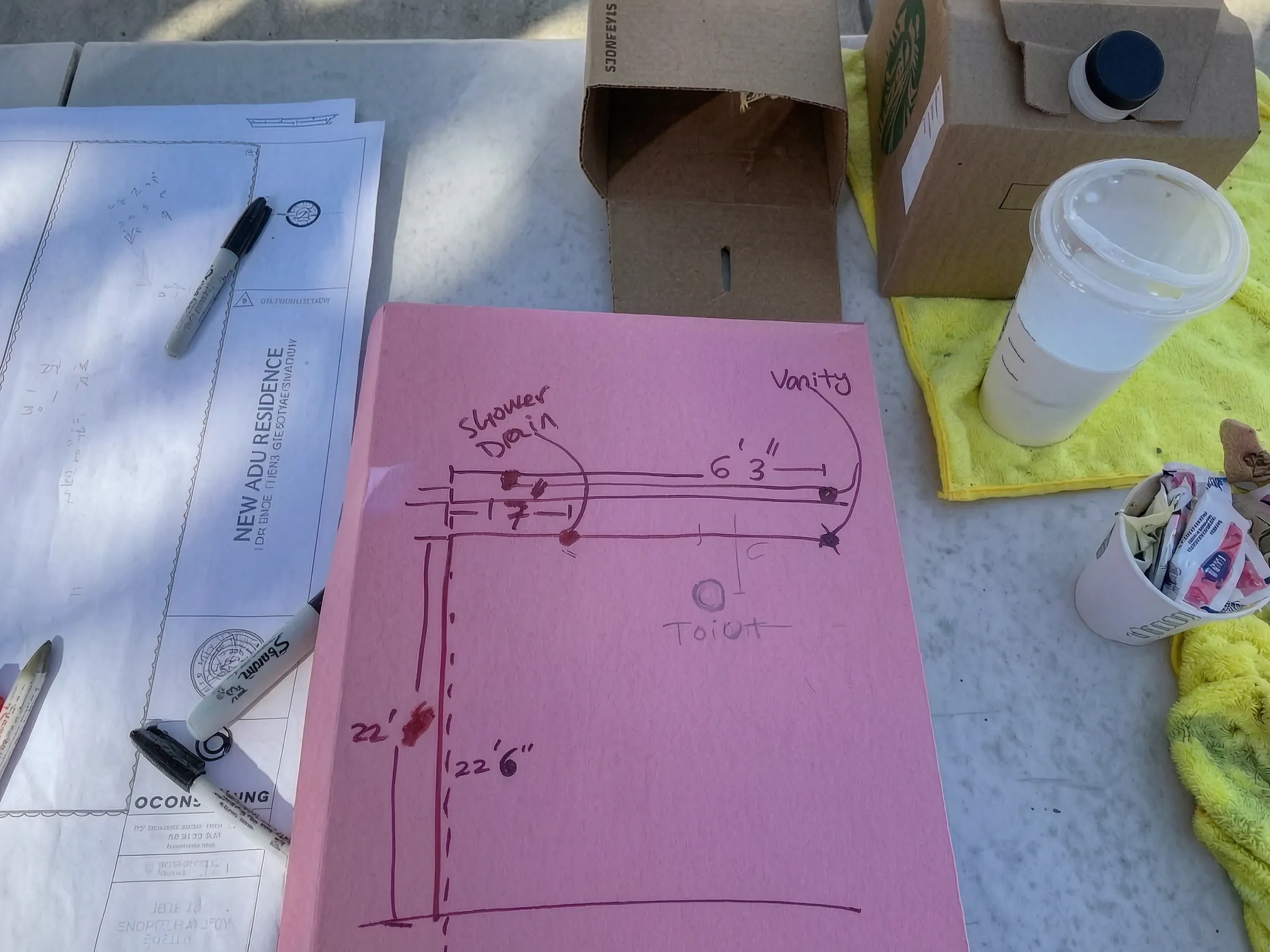 It starts as a drawing. The plans, marked up on site. Design and build under one roof. Detached ADU, Garden Grove, designed and built by Avorino.