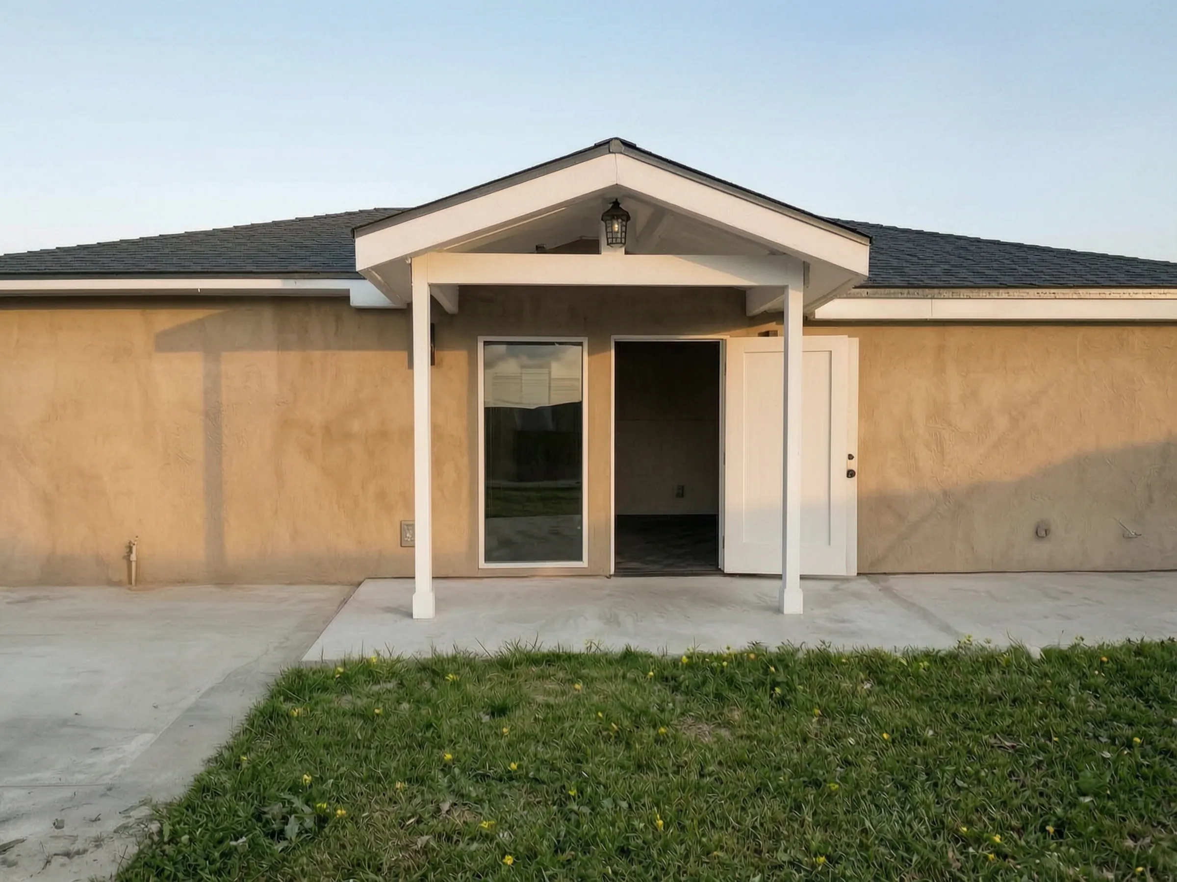 A finished detached ADU in Garden Grove with a gabled entry porch, designed and built by Avorino