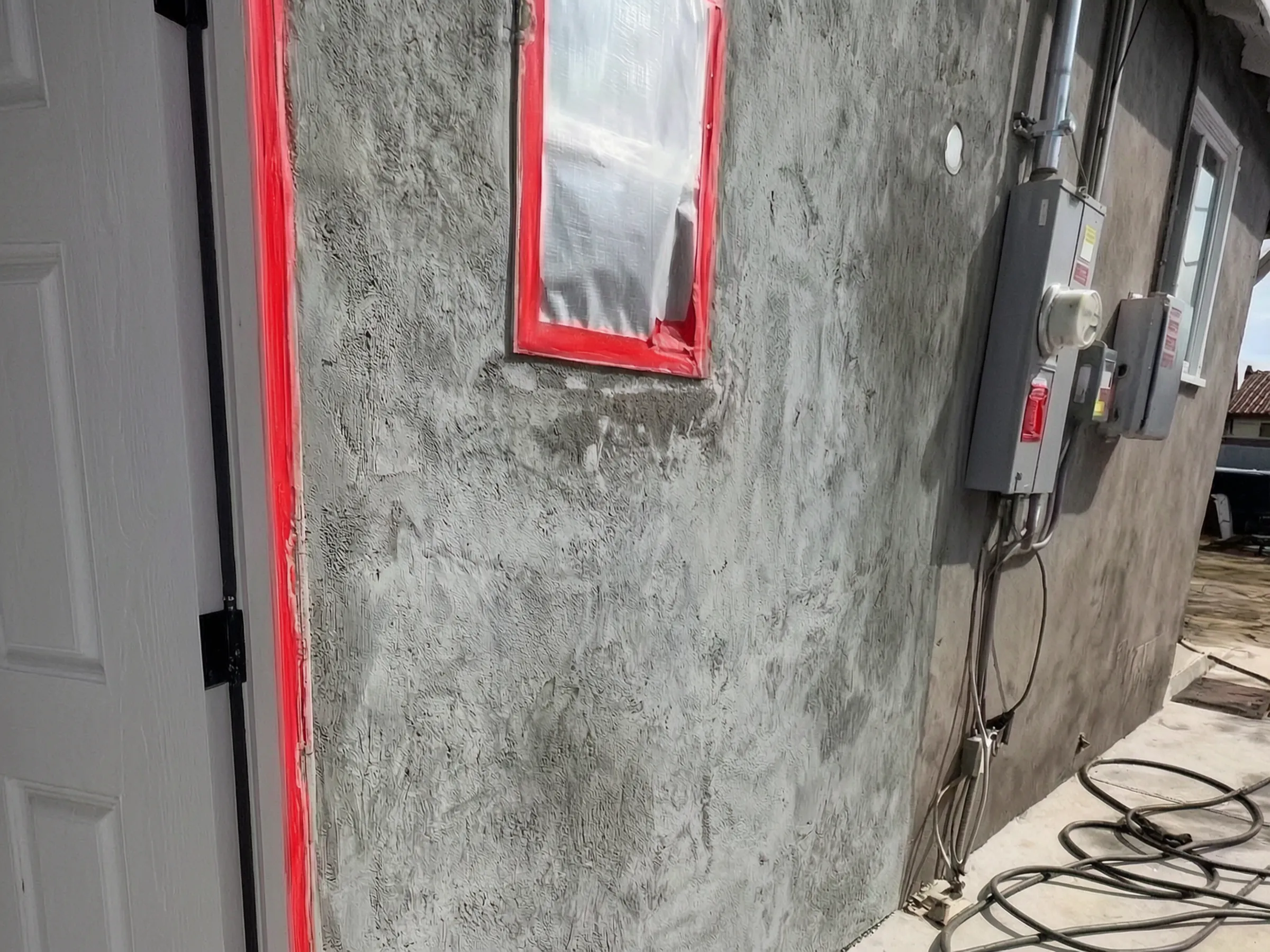 Exterior stucco going on. Garage-to-ADU conversion, La Habra, built by Avorino.
