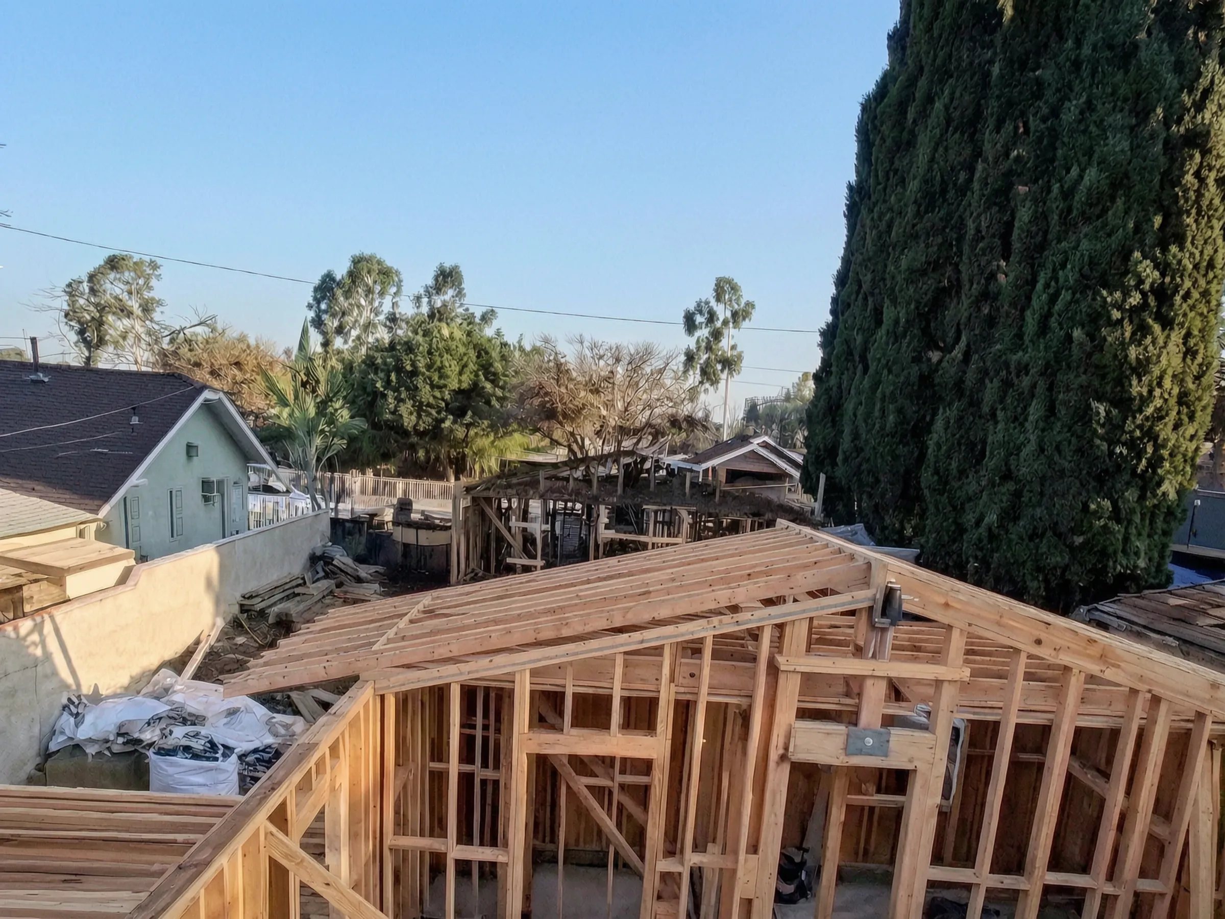 The framing up. New construction in Santa Ana, built by Avorino.