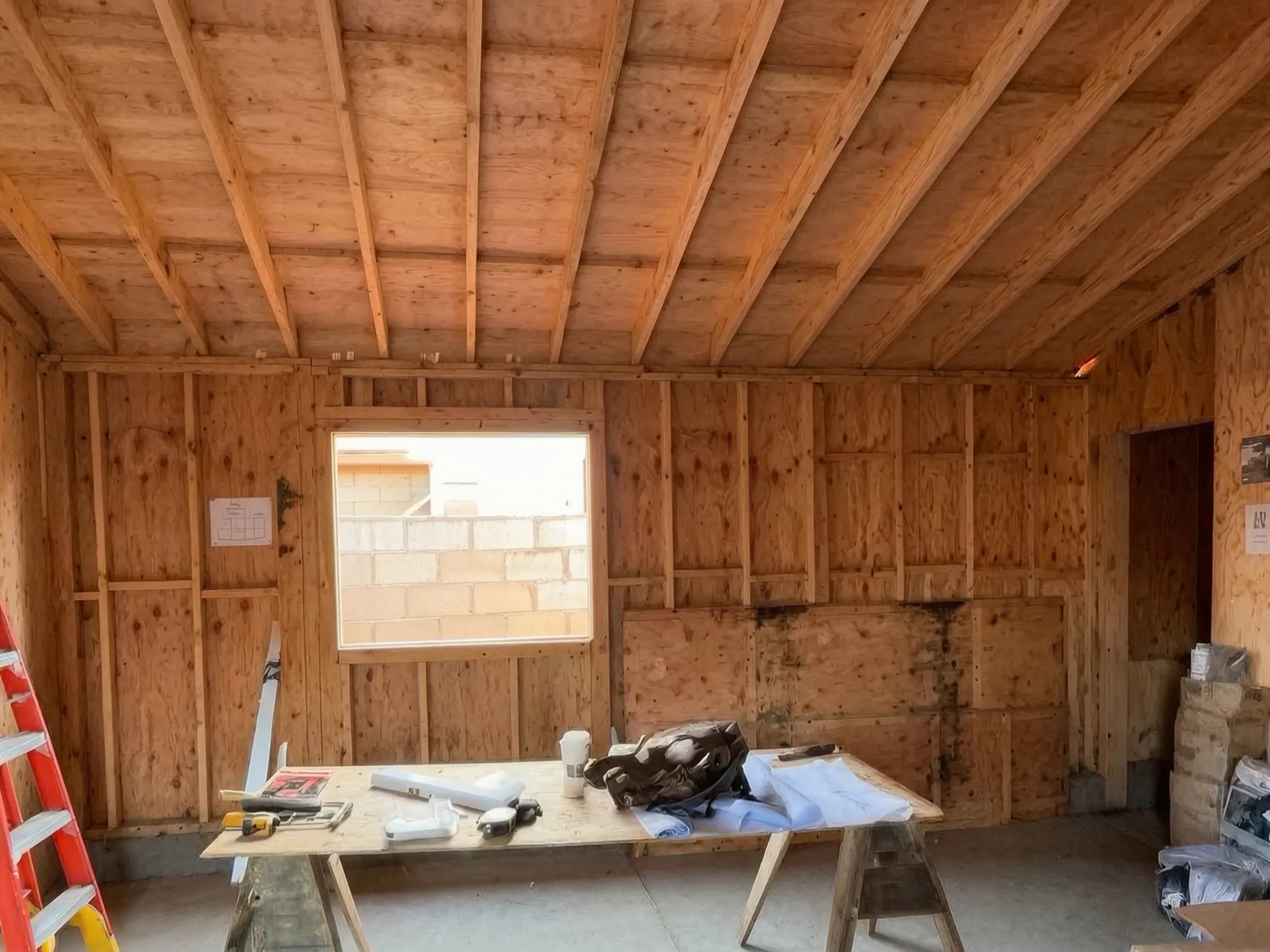 The walls sheathed. New construction in Santa Ana, built by Avorino.
