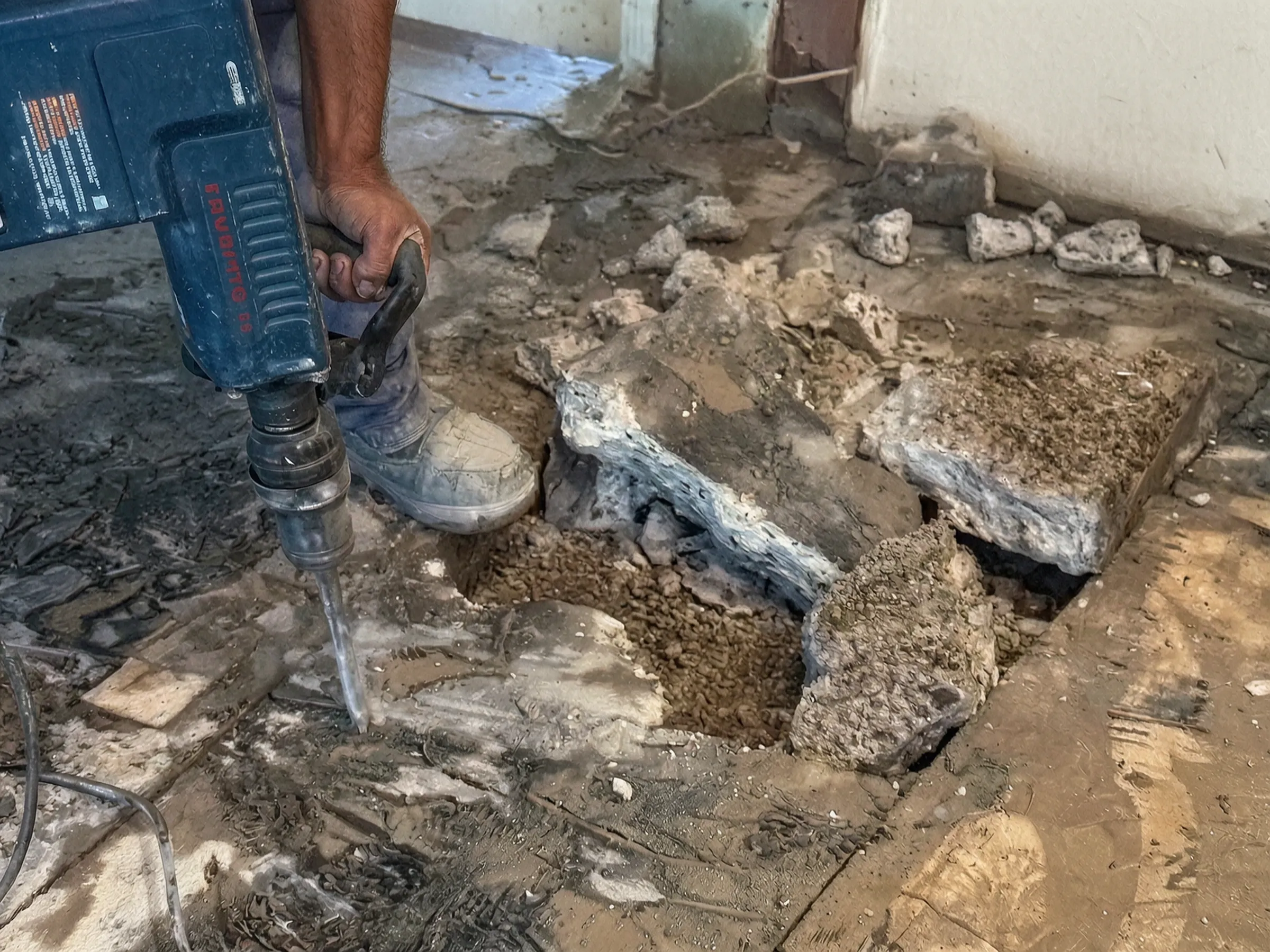 Demolition, breaking up the floor. Kitchen remodel, Orange, by Avorino.